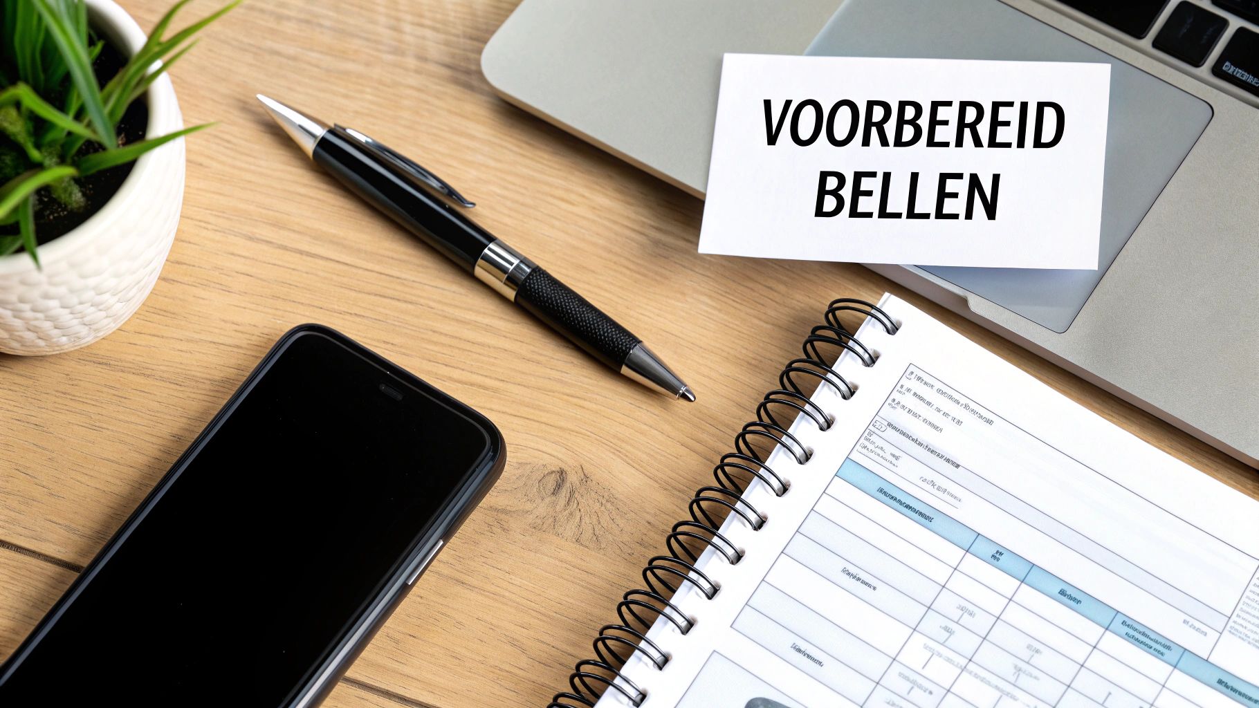 Een houten bureau met een laptop, smartphone, pen, notitieboek en een kaartje met de tekst 'VOORBEREID BELLEN'.