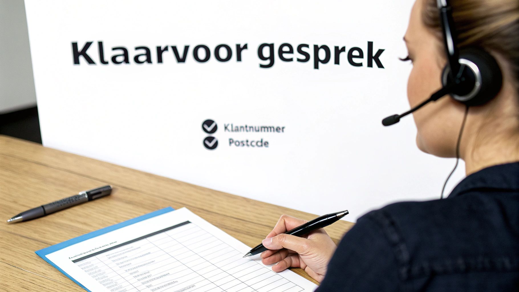 Een klantenservicemedewerker met headset schrijft op een formulier voor een bord met 'Klaar voor gesprek'.
