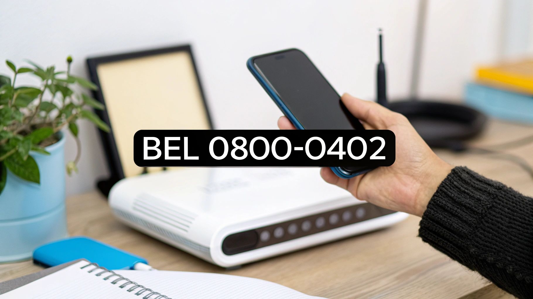 Een hand houdt een smartphone vast boven een router, met een overlay van het telefoonnummer BEL 0800-0402.