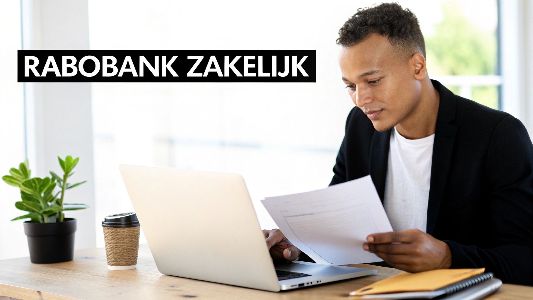 Jonge man bekijkt documenten achter laptop, werkplek met plant en koffie, Rabobank Zakelijk klantendienst concept