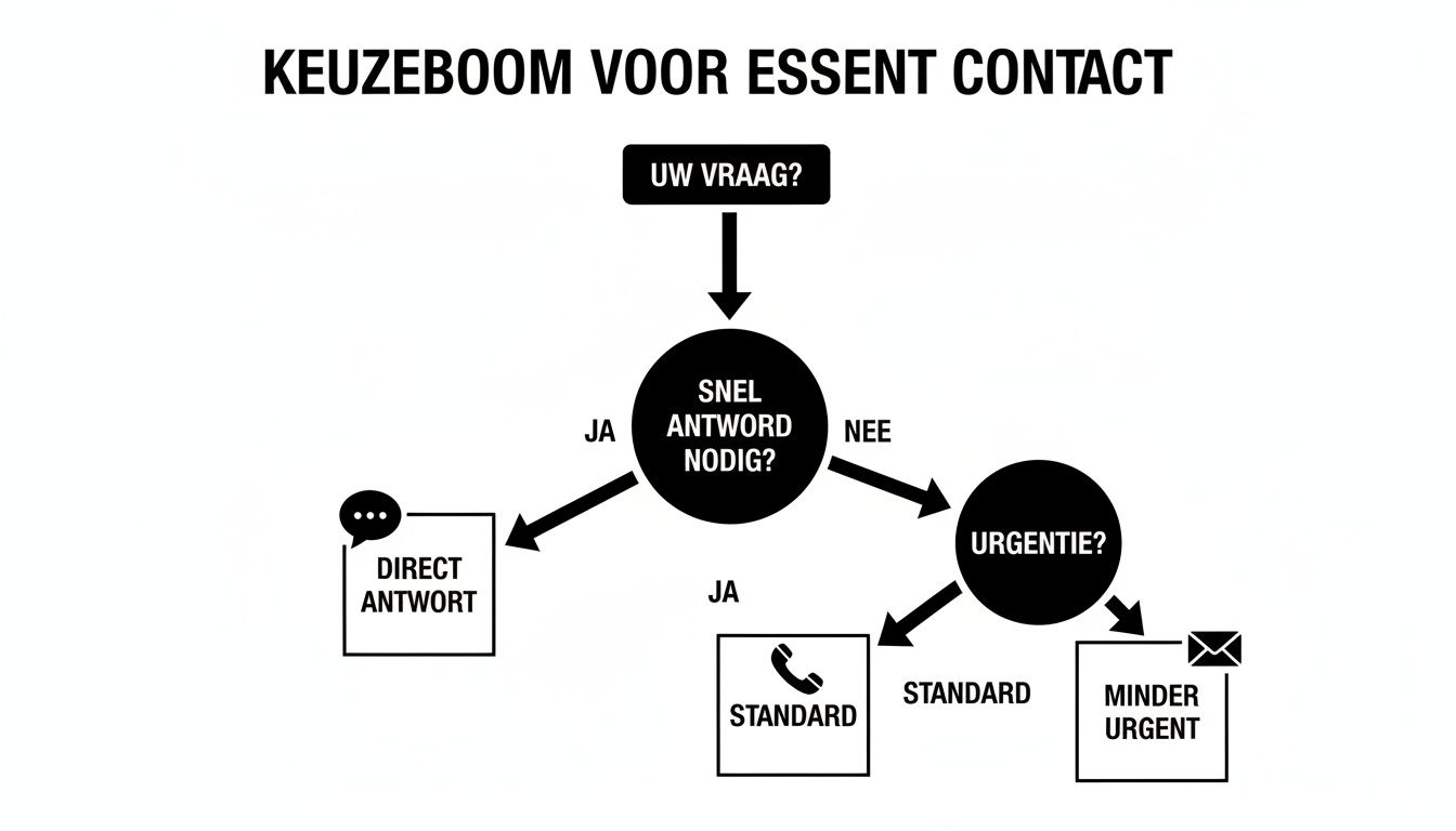 Stroomdiagram voor Essent contact, leidend tot directe, standaard of minder urgente antwoorden via chat, telefoon of e-mail.