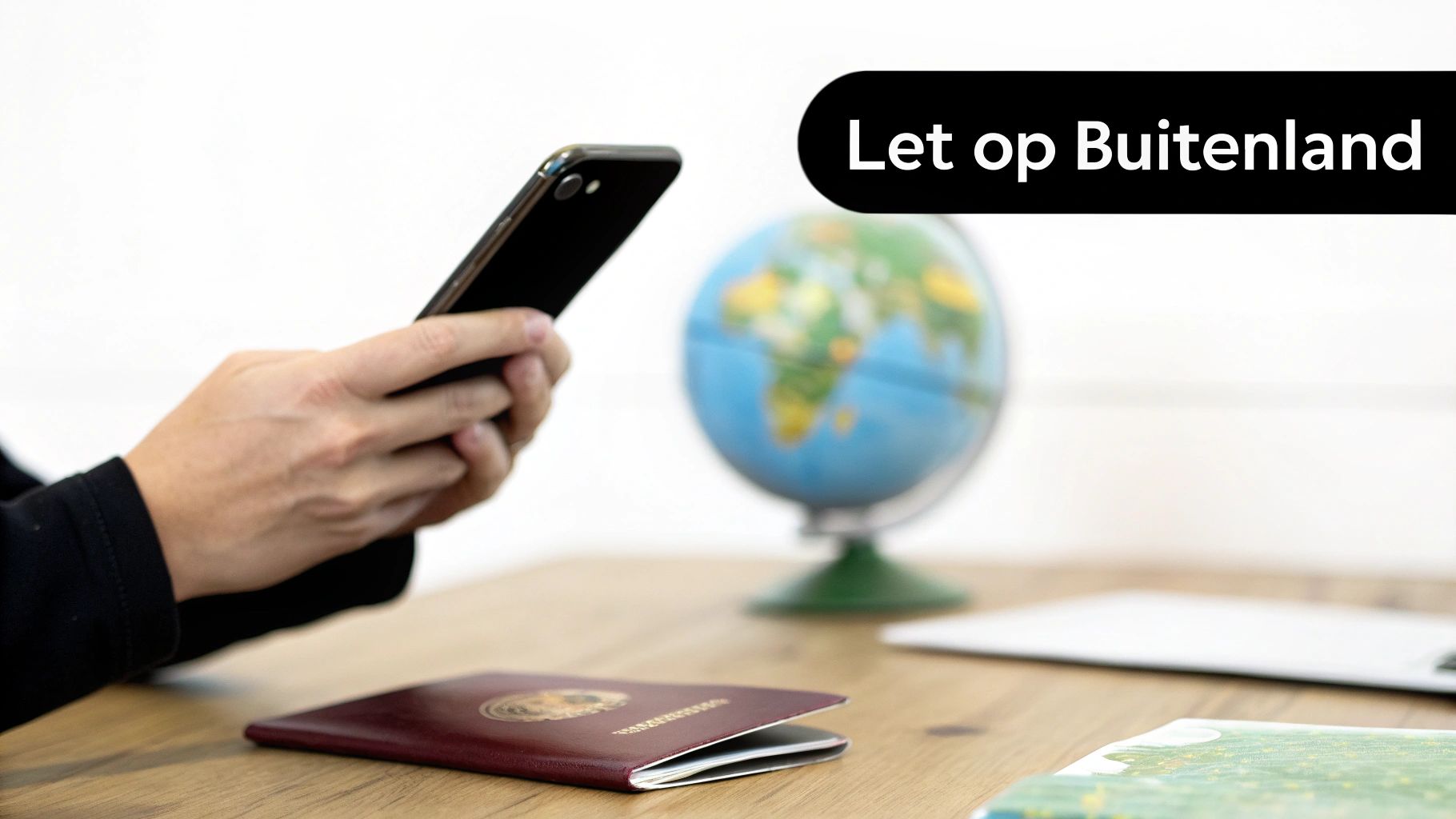 Handen met smartphone, paspoort en wereldbol op een tafel. Tekst: Let op Buitenland.