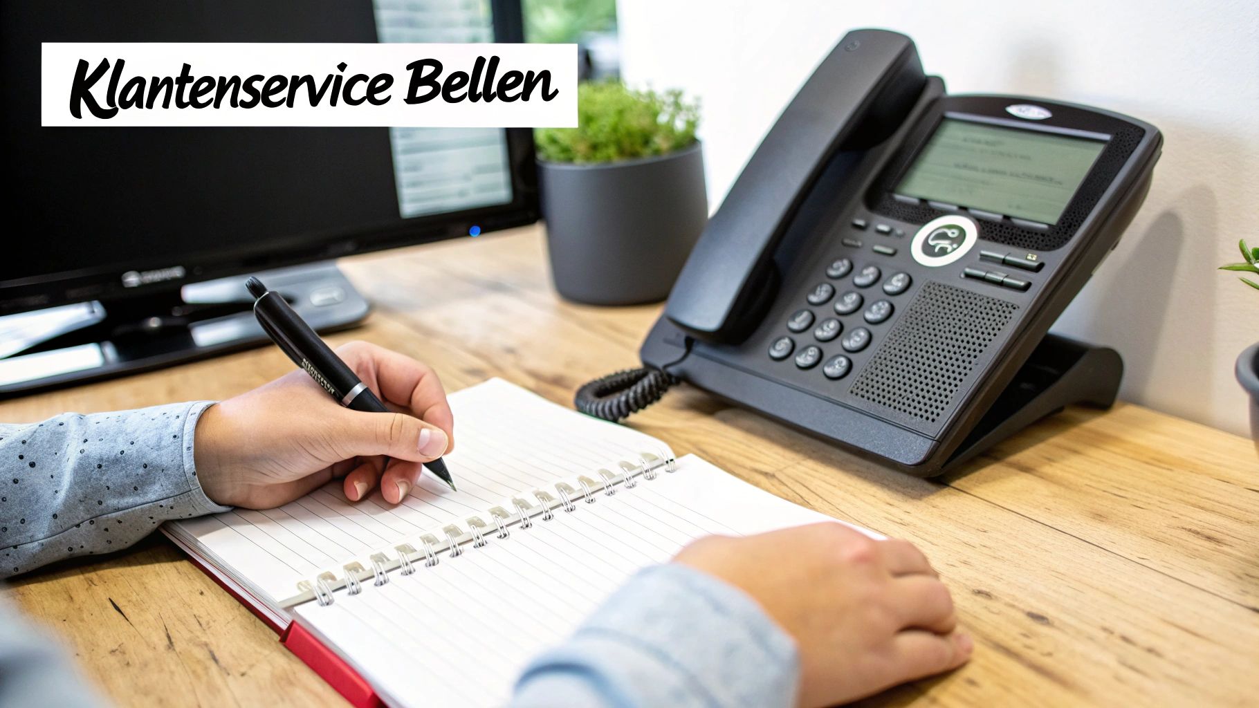 Een persoon schrijft in een notitieboekje naast een zwarte bureautelefoon, met de tekst 'Klantenservice Bellen'.