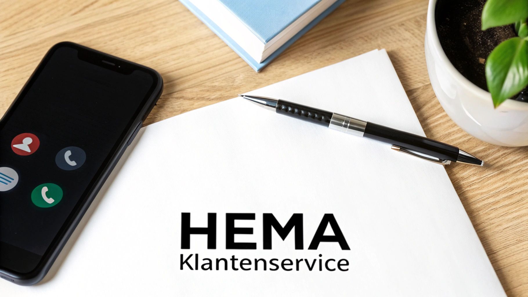 Een smartphone met belicoontjes, een pen op papier met 'HEMA Klantenservice', een boek en plant op een houten bureau.