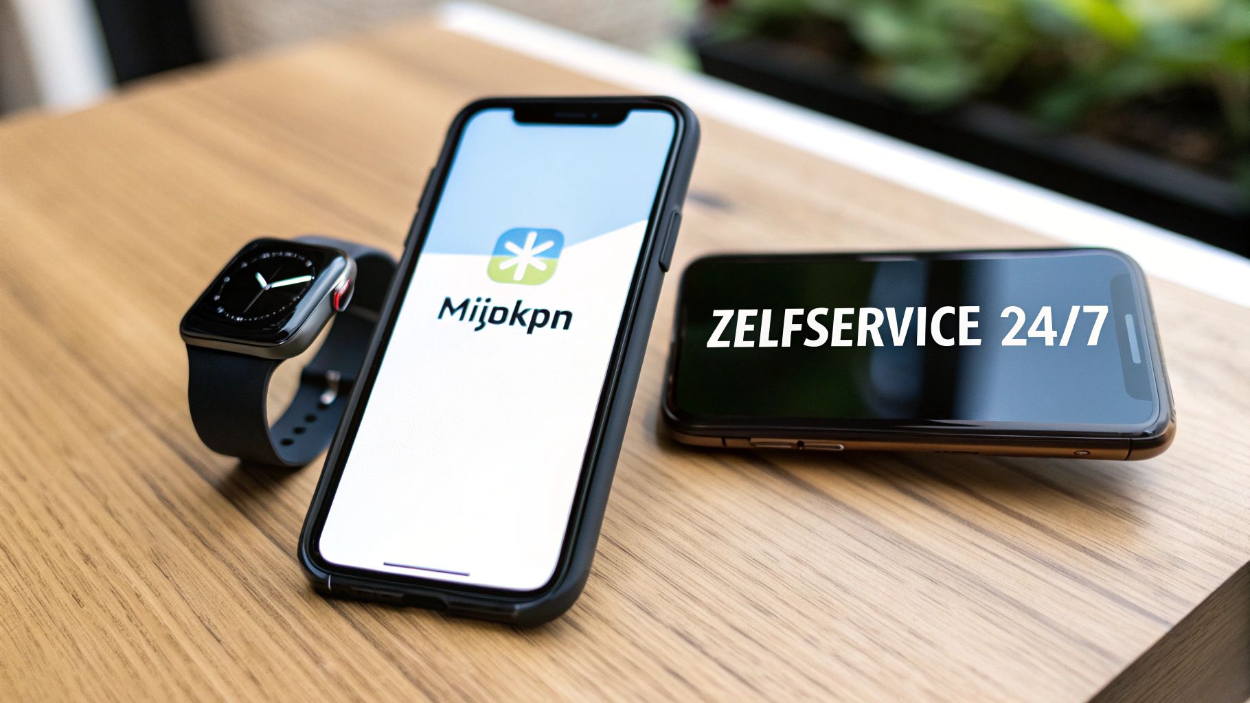Een smartphone met de MijnKPN app op het scherm, die laat zien hoe je zelf je verbruik kunt beheren.