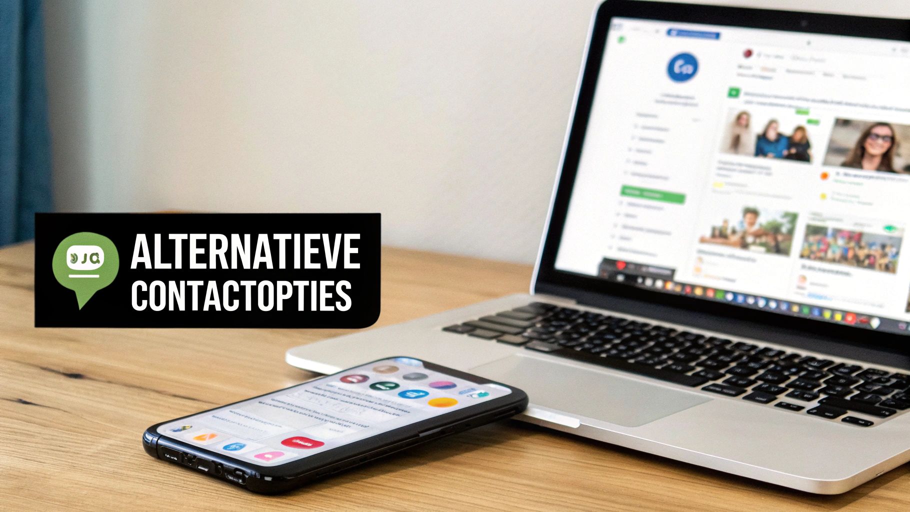 Een laptop en smartphone op een houten bureau, met een banner die 'Alternatieve contactopties' toont.