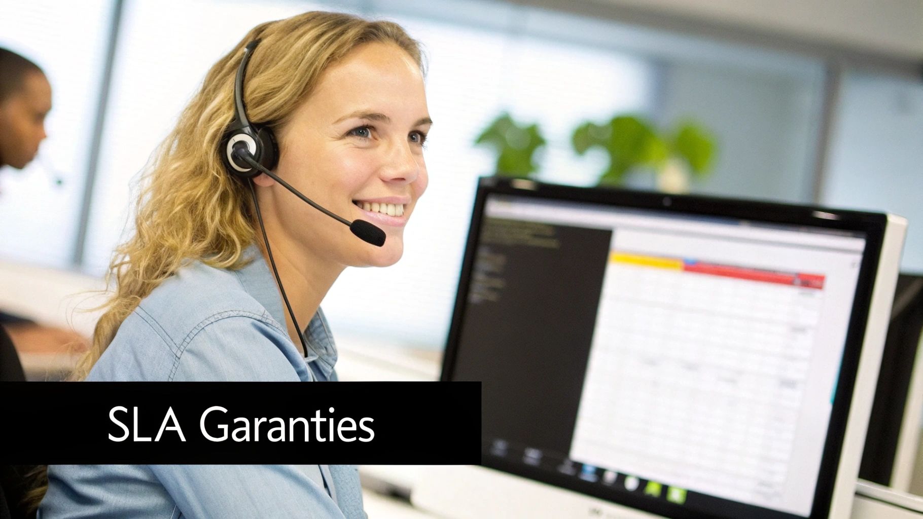 Lachende vrouw met headset werkt aan computer in kantooromgeving, met de tekst 'SLA Garanties' op de voorgrond.