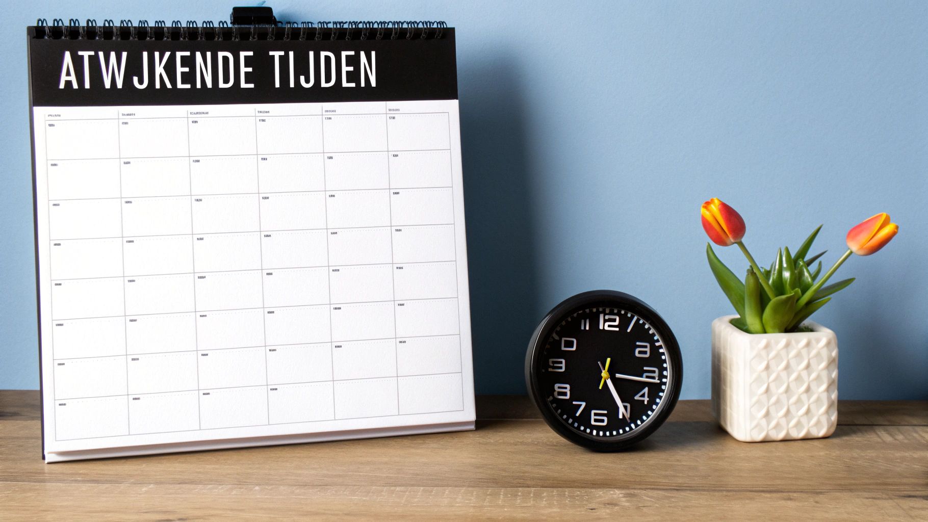 Een zwarte kalender met "ATWJKENDE TIJDEN", een wekker en een plant met tulpen op een houten tafel.