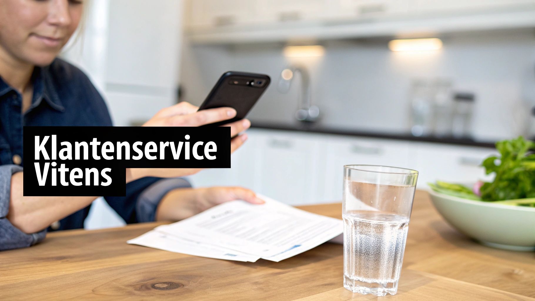 Vrouw gebruikt smartphone en bekijkt papieren aan een houten tafel, met de tekst 'Klantenservice Vitens' als overlay.