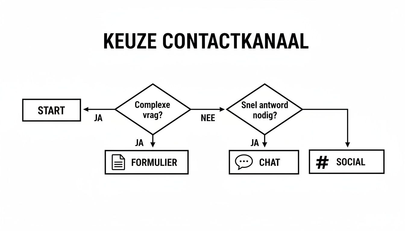 Flowchart die helpt bij het kiezen van het juiste contactkanaal: formulier voor complexe vragen, chat voor snelle antwoorden of social media.