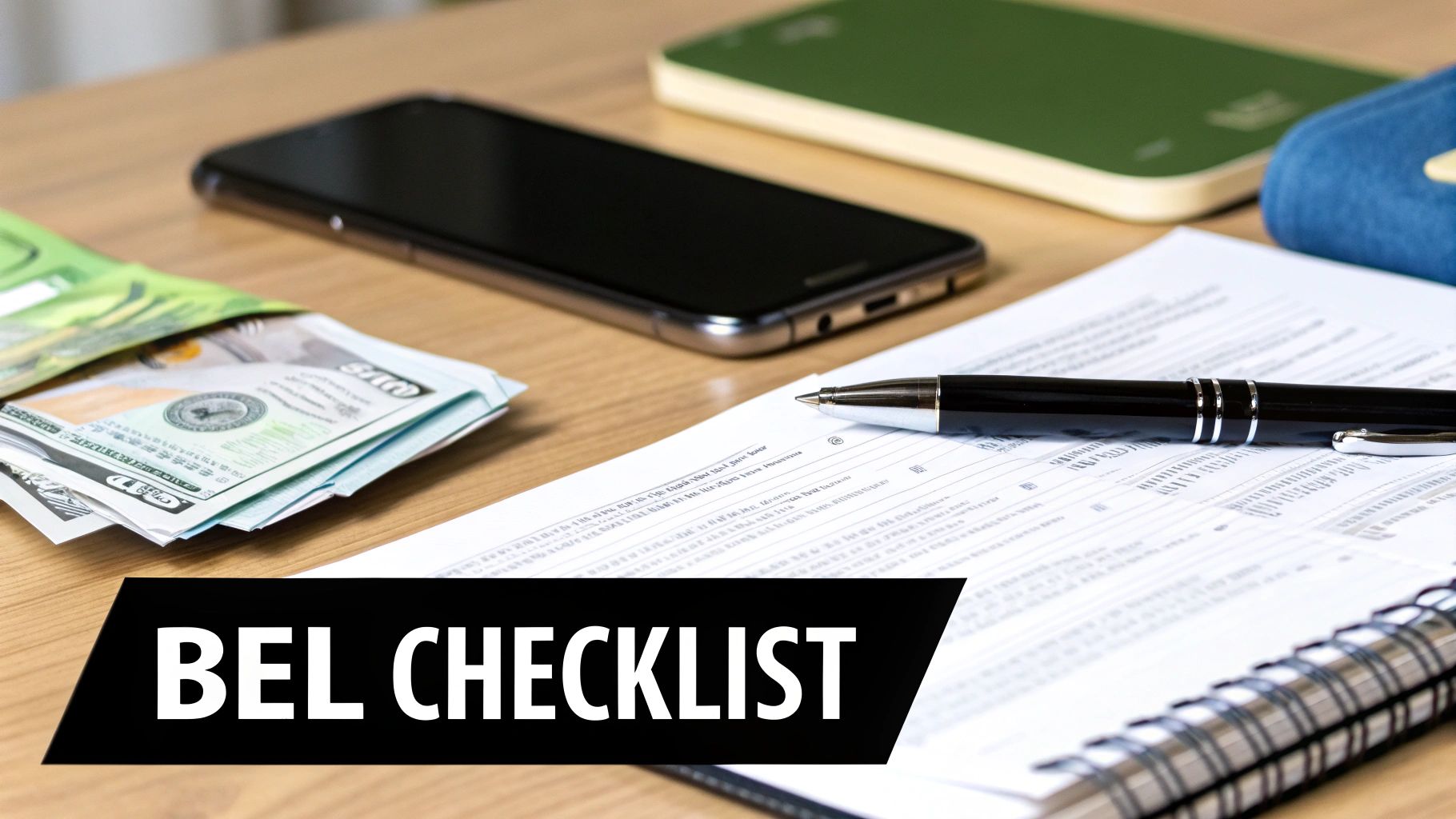 Financiële checklist op een bureau met geld, telefoon, pen en notitieboekje voor administratie.