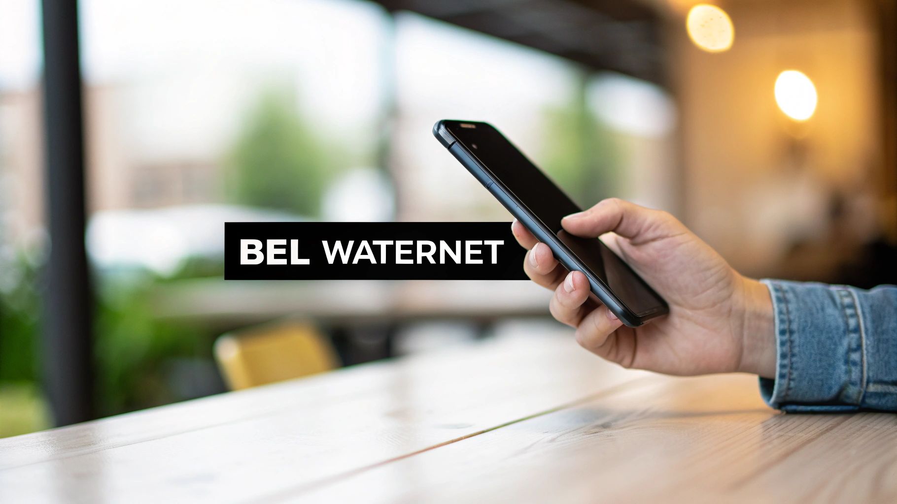 Persoon houdt een smartphone vast met de tekst 'BEL WATERNET' in een onscherpe binnenomgeving.