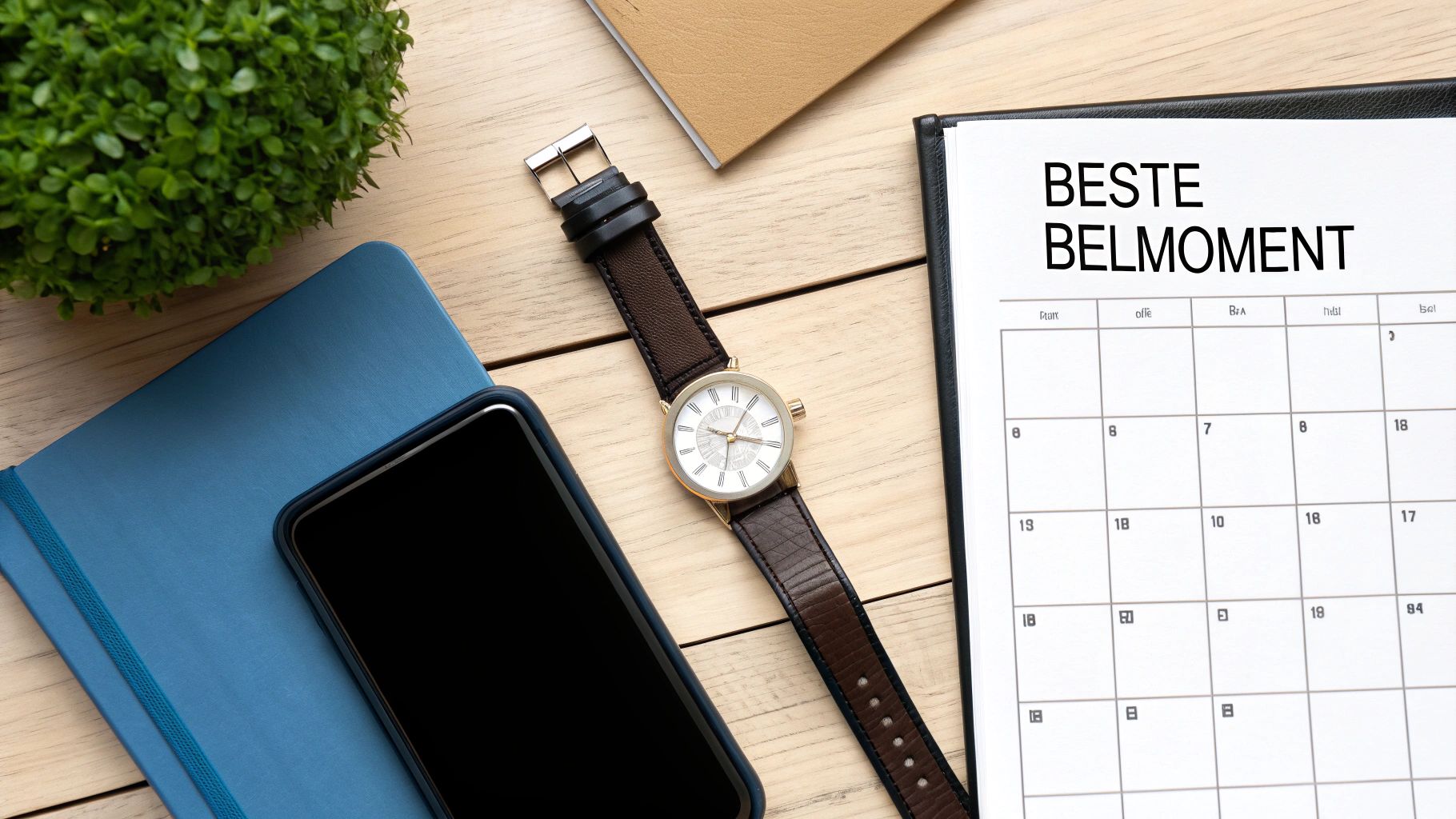 Overzicht van een bureau met een telefoon, agenda met 'Beste Belmoment', horloge en notitieboekjes.