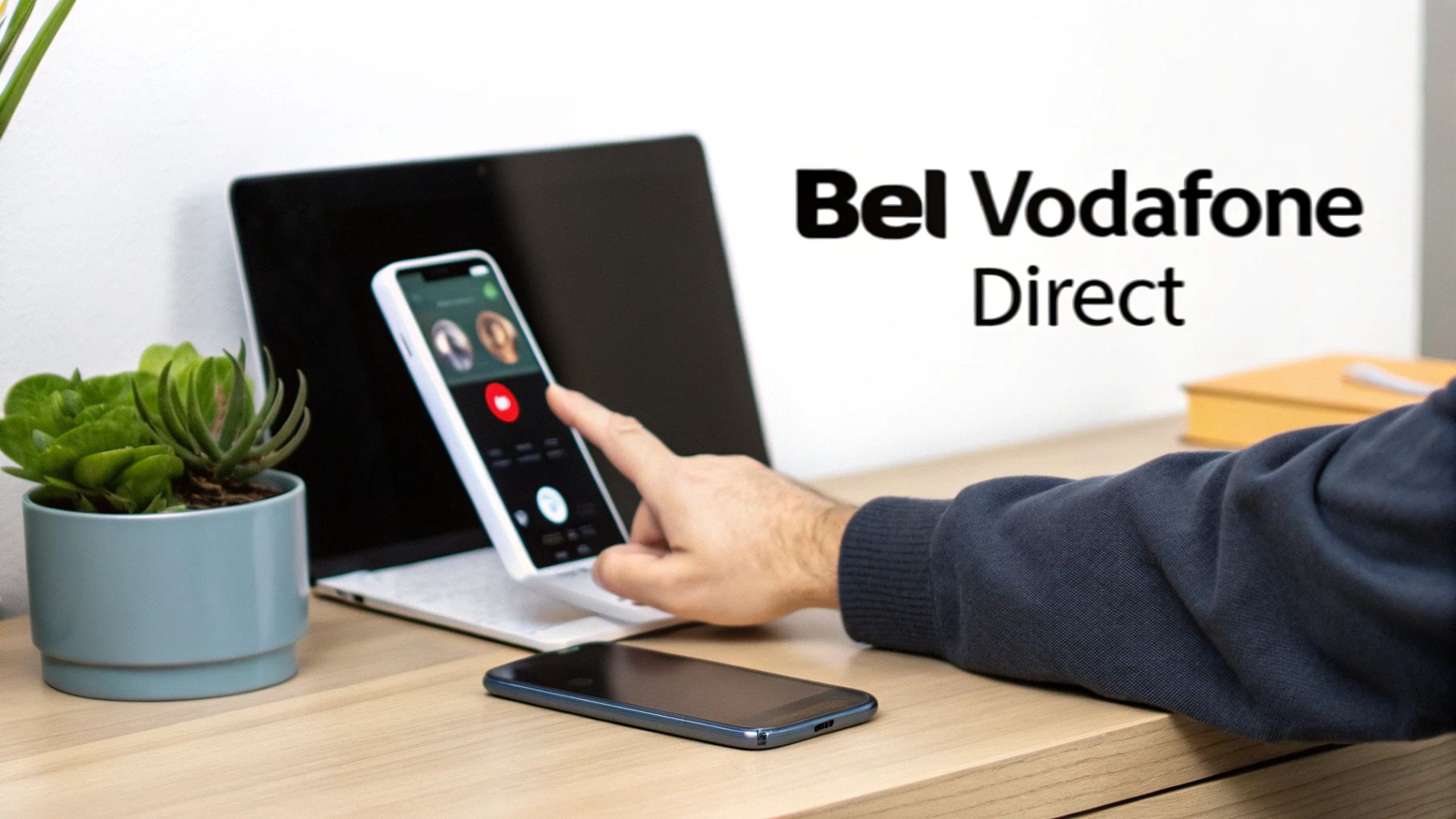 Hand bedient smartphone met videogesprek voor laptop, op bureau met plant. 'Bel Vodafone Direct' op achtergrond.