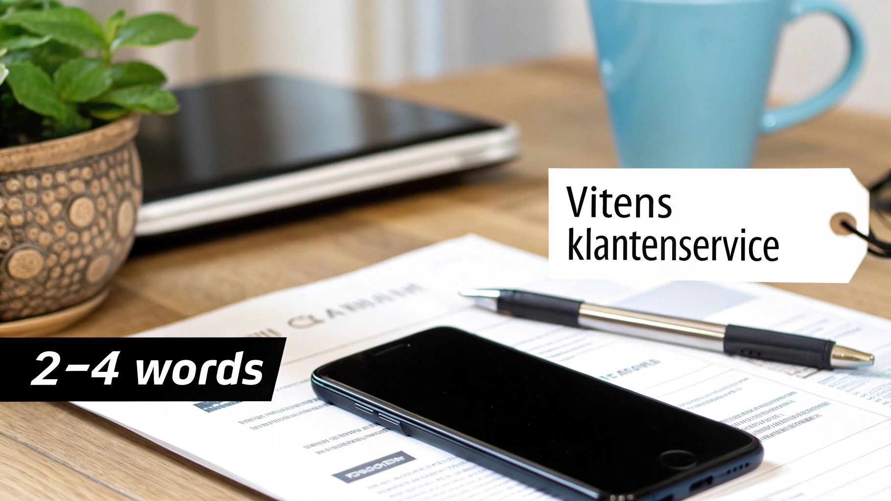 Overzicht van een werkplek met telefoon, pen, documenten en een label waarop 'Vitens klantenservice' staat.