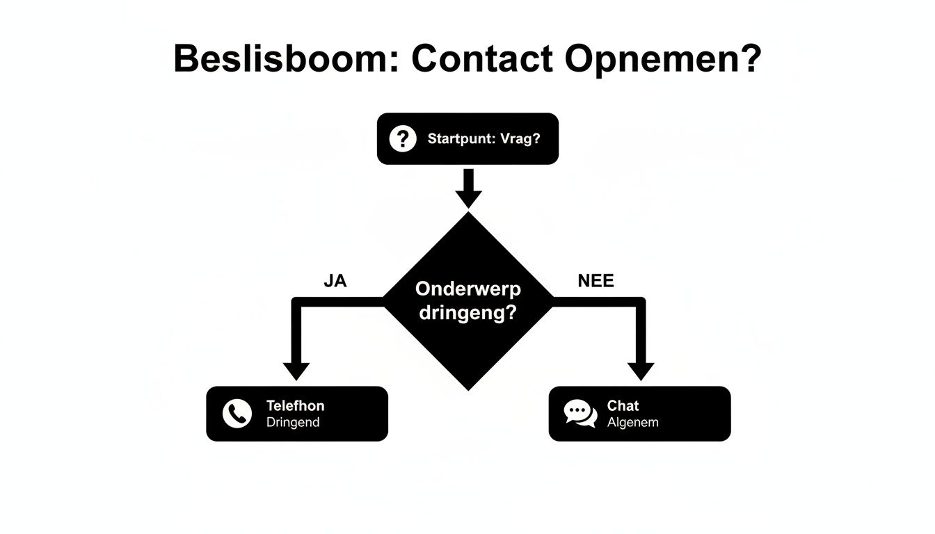 Een beslisboom stroomschema dat uitlegt wanneer je contact moet opnemen via telefoon of chat, afhankelijk van de urgentie.