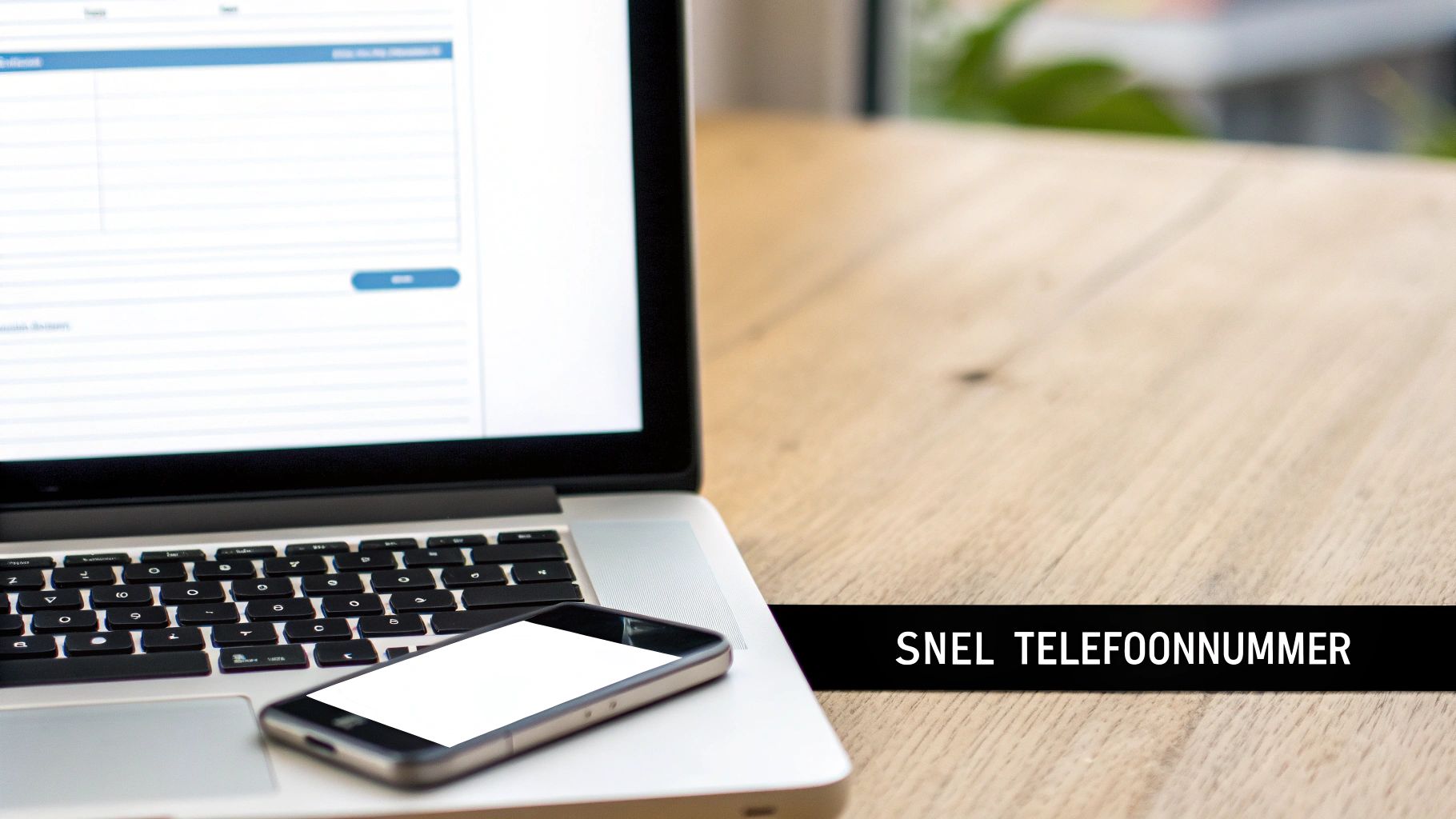 Laptop en smartphone op bureau met tekst snel telefoonnummer voor zakelijk contact