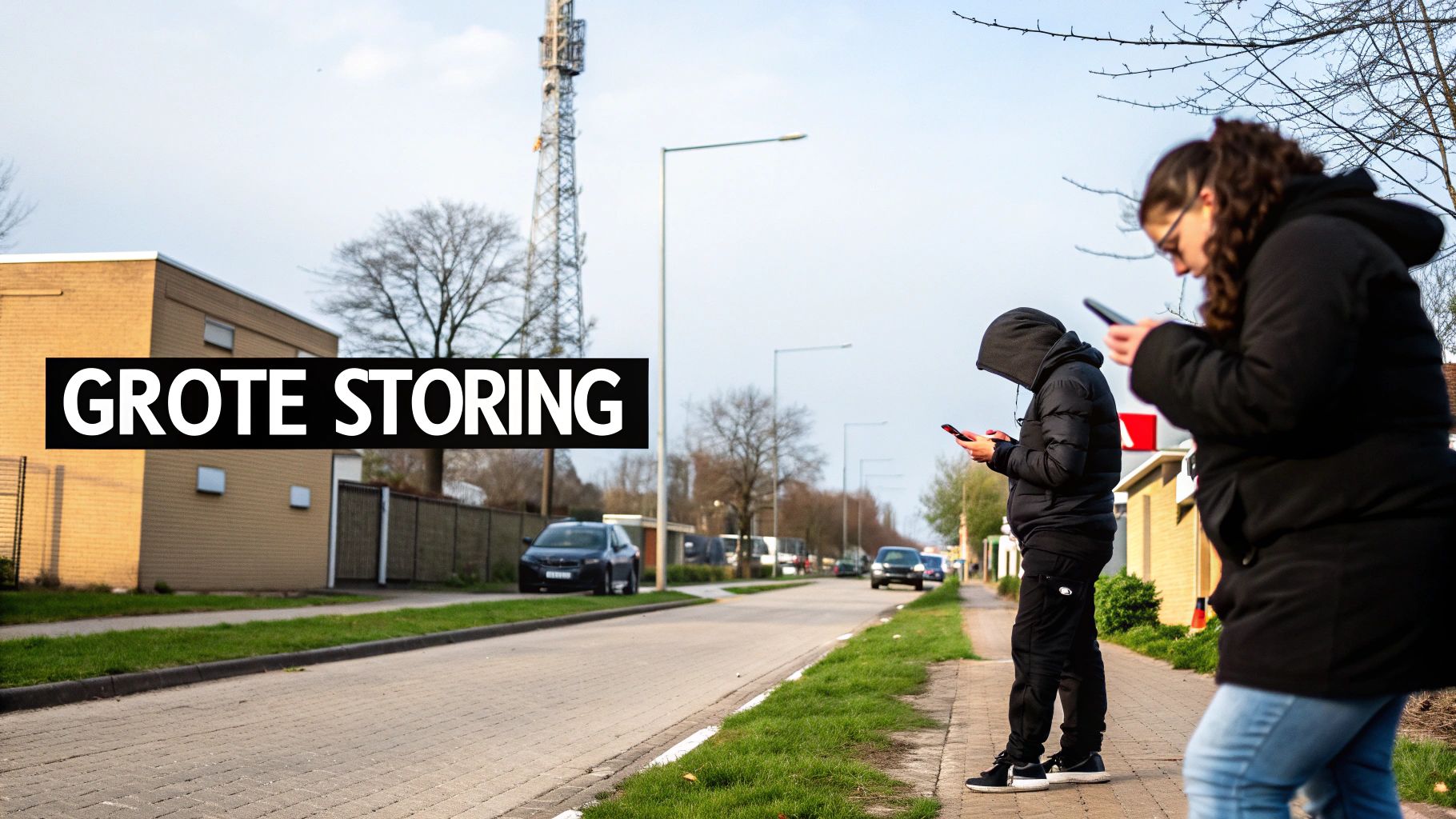Twee mensen kijken gefrustreerd op hun telefoons langs een weg, met een zendmast op de achtergrond, wat duidt op een grote storing.