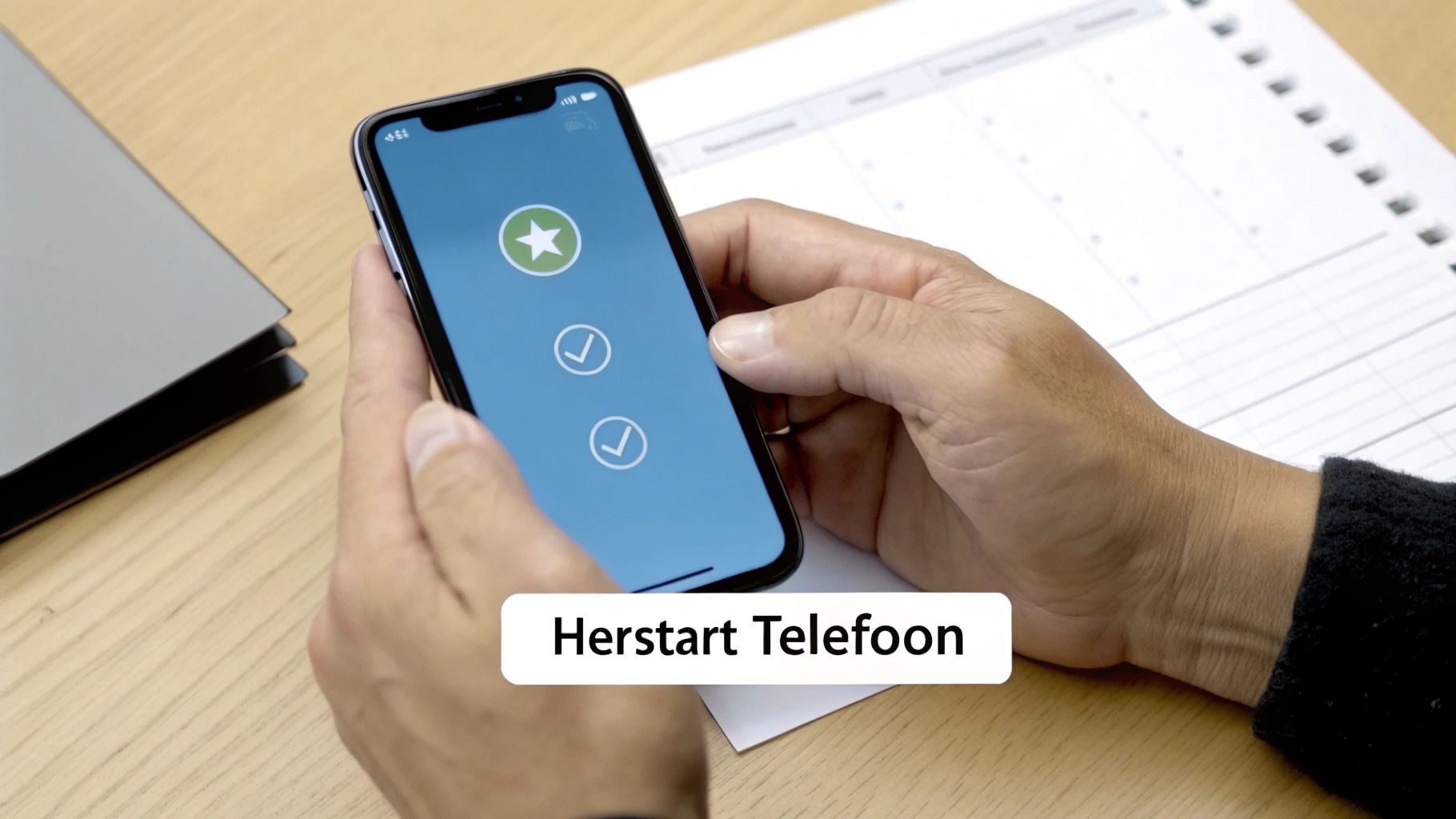Persoon houdt een smartphone vast met een blauw scherm en icoontjes, met een document op tafel.
