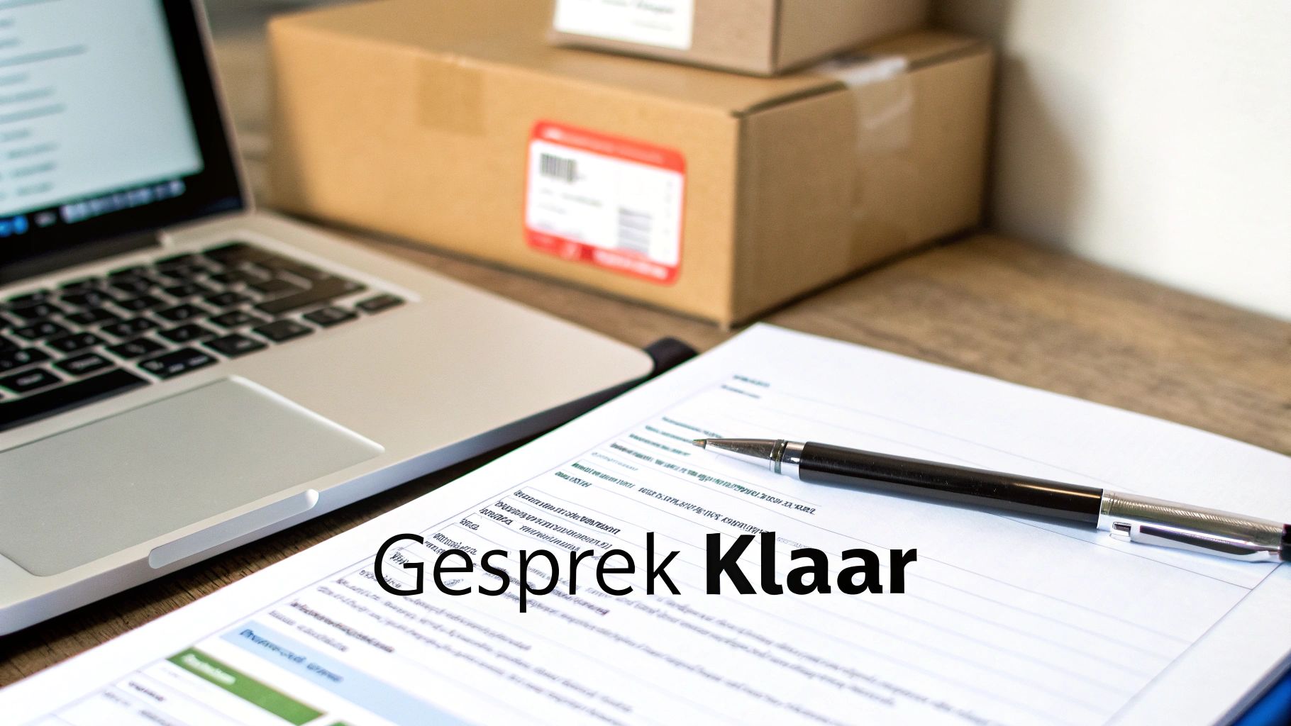 Werkplek met laptop, verzenddozen, document en pen op houten tafel. Overlay tekst: 'Gesprek Klaar'.
