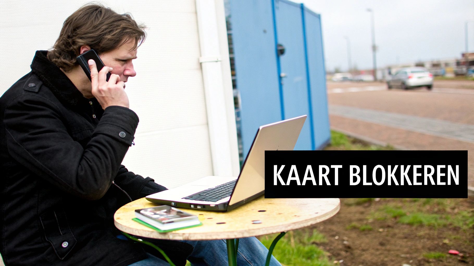 Man belt met mobiele telefoon, zit buiten aan een tafel met een laptop en notitieboekje.