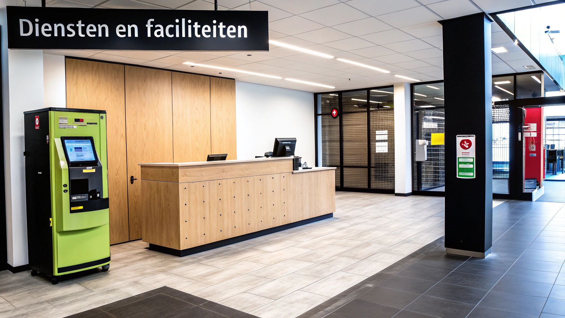 Een moderne receptie of servicebalie met een groene zelfbedieningskiosk en een houten balie. Het bord zegt "Diensten en faciliteiten".