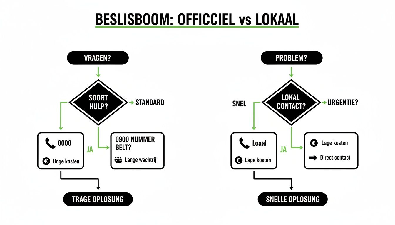 Beslisboom die de officiële en lokale contactmogelijkheden vergelijkt voor vragen en problemen, met bijbehorende kosten en wachttijden.