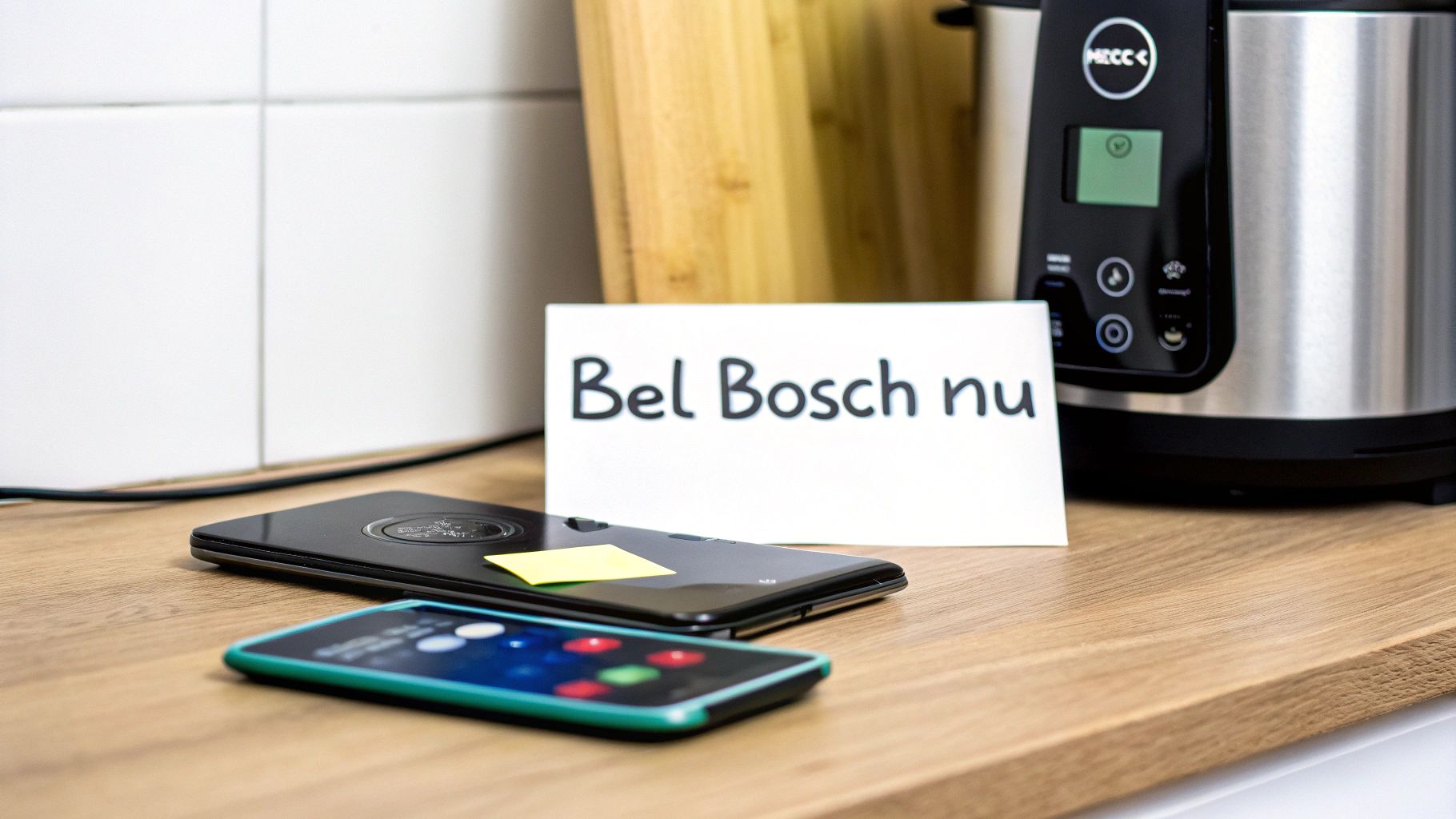 Een briefje met 'Bel Bosch nu' op een houten aanrecht, met telefoons en een keukenapparaat.