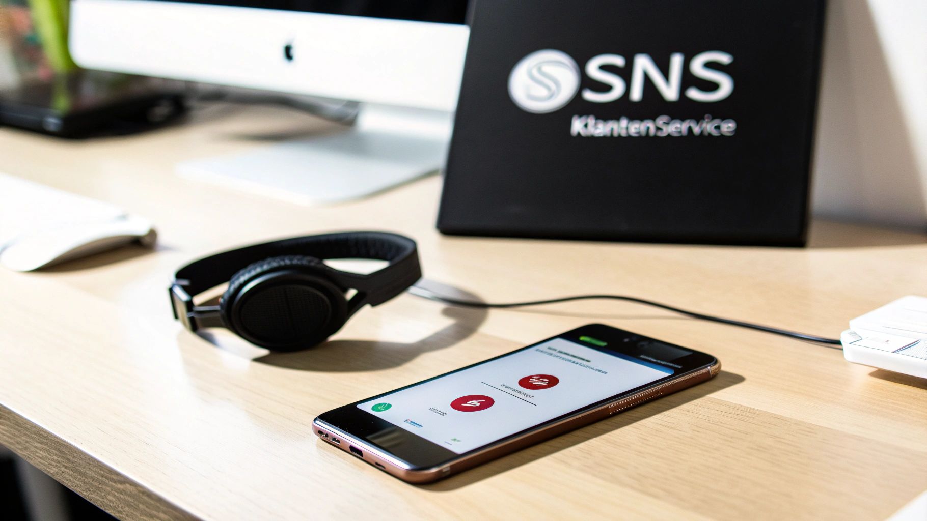 Een bureau met een computer, zwarte koptelefoon, smartphone met bank-app en een SNS KlantenService bord.