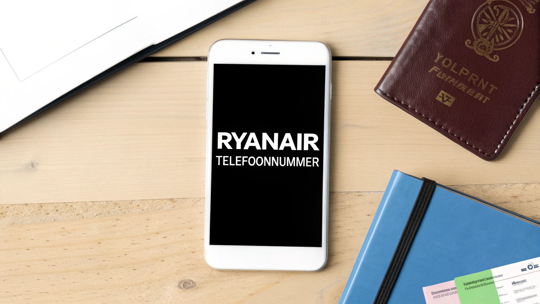 Bovenaanzicht van een houten bureau met een smartphone waarop 'Ryanair Telefoonnummer' staat. Er liggen ook een paspoorthouder, notitieboek en laptop op.