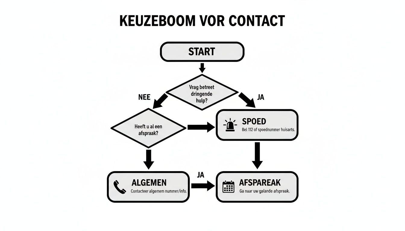Flowchart voor contact met vragen over spoed of afspraken, leidend naar algemene informatie of noodhulp.