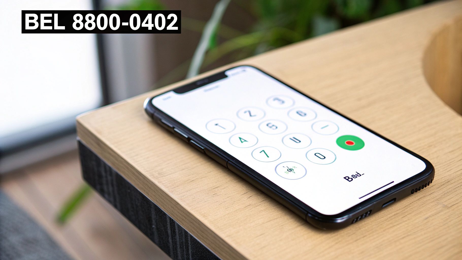 Zwarte smartphone met toetsenblok op een houten tafel, met de tekst 'BEL 8800-0402' in de hoek.