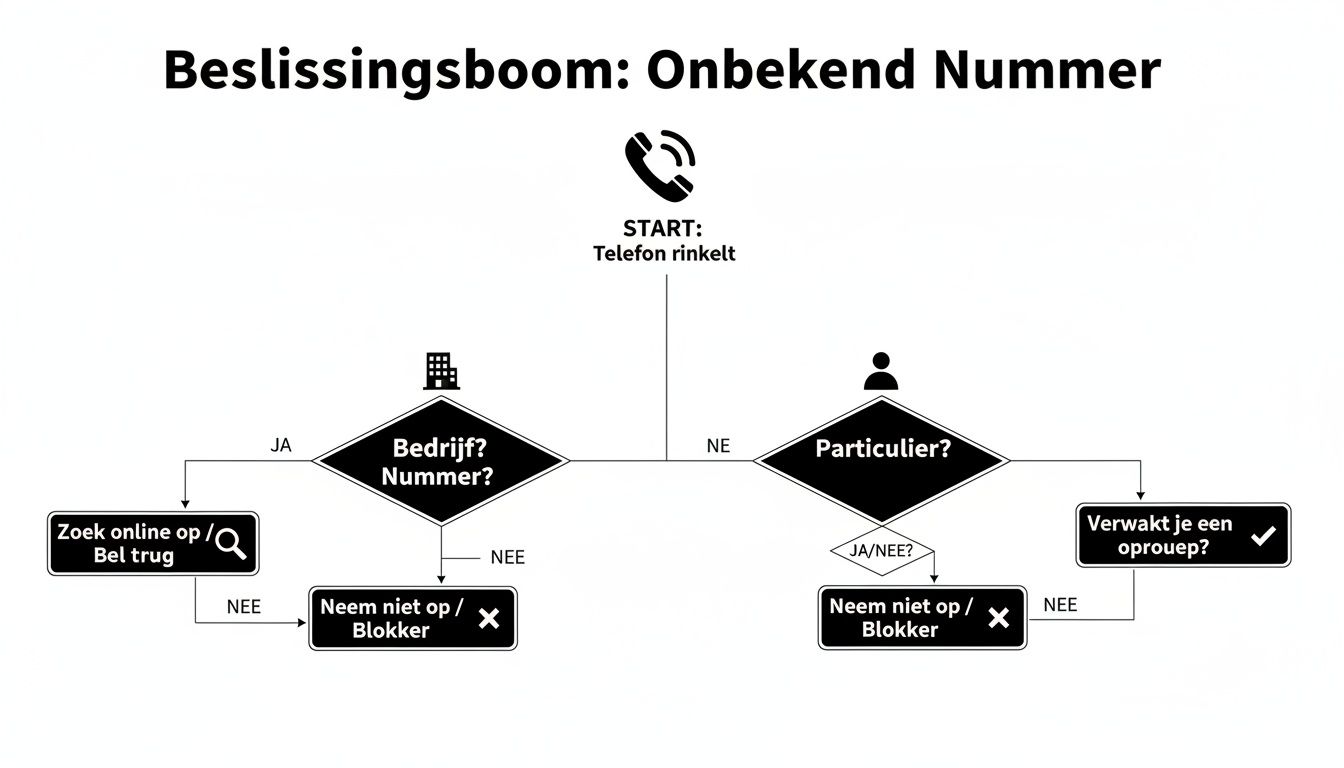 Beslissingsboom over hoe te handelen bij een inkomende oproep van een onbekend nummer. Stappenplan voor beslissingen.