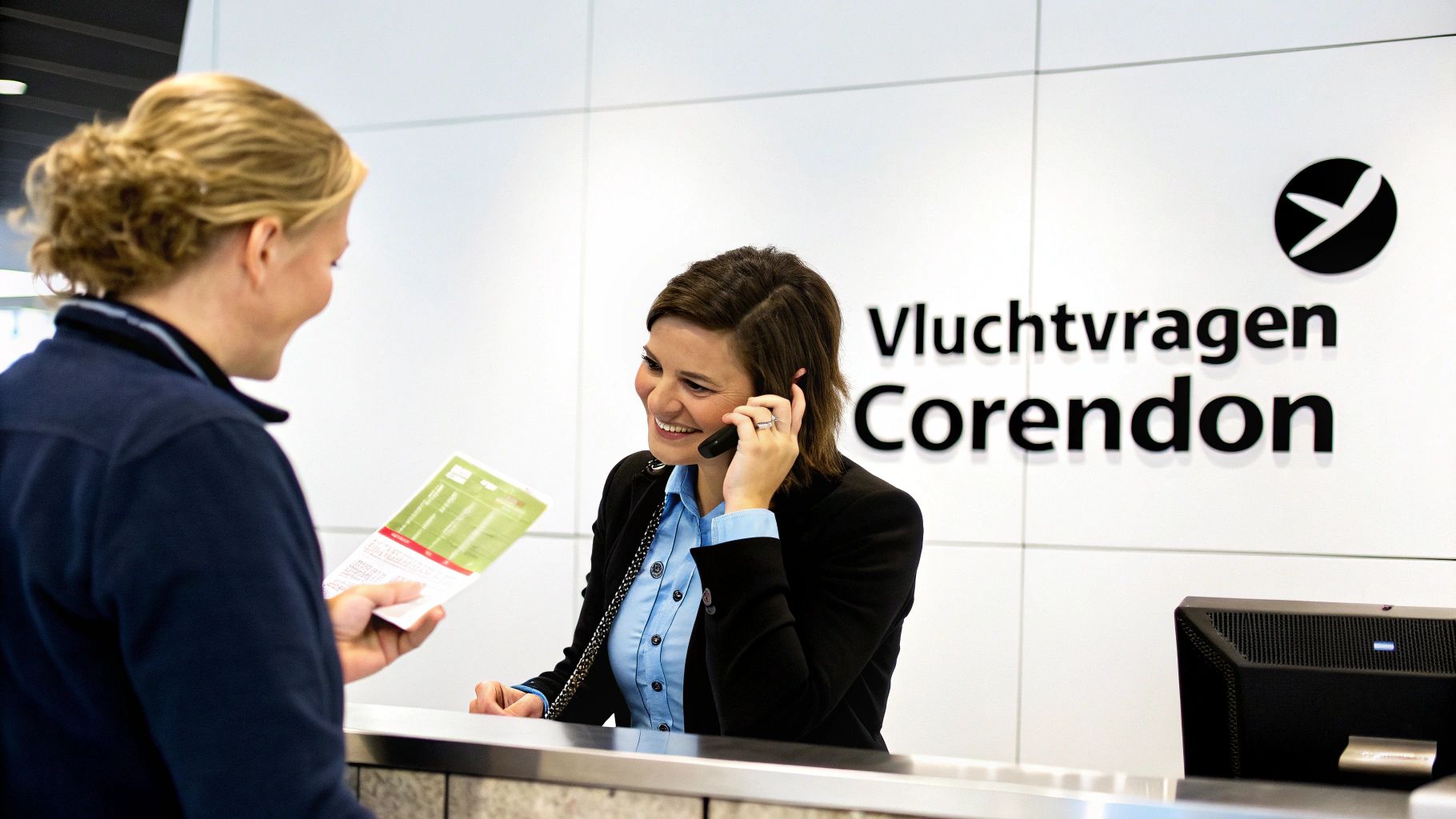 Een lachende medewerkster van Corendon beantwoordt een telefoontje aan een balie, terwijl een klant een brochure bekijkt.