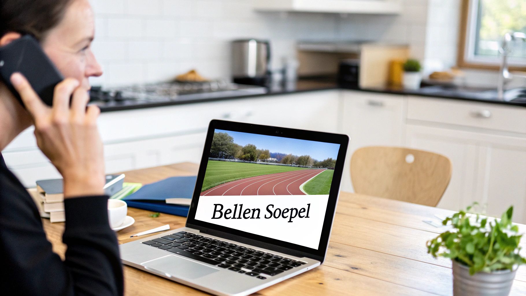 Vrouw aan de telefoon kijkt naar haar laptop met een atletiekbaan en "Bellen Soepel" in een huiselijke setting.
