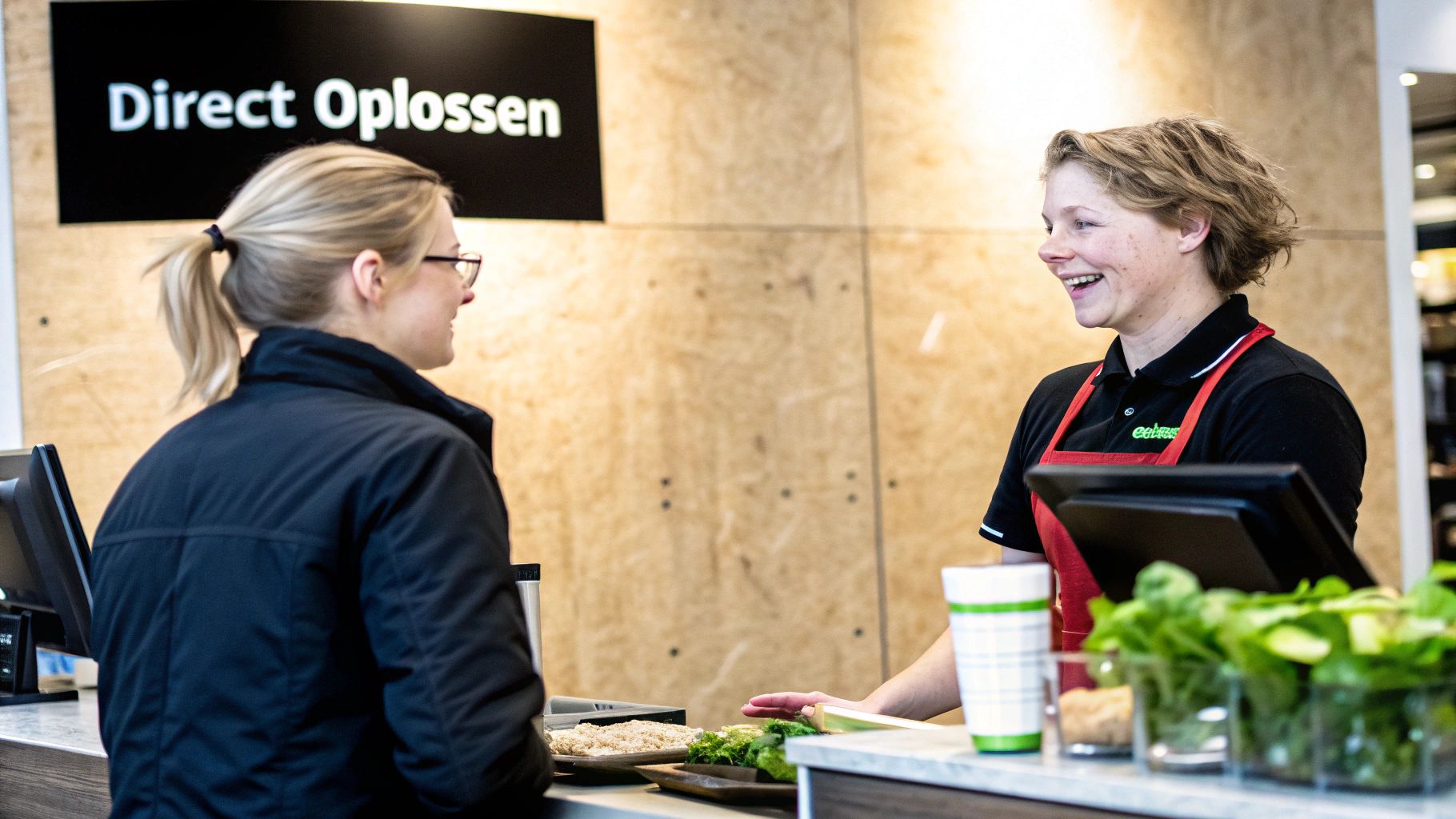 Een persoon die een vraagteken vasthoudt voor een laptopscherm.