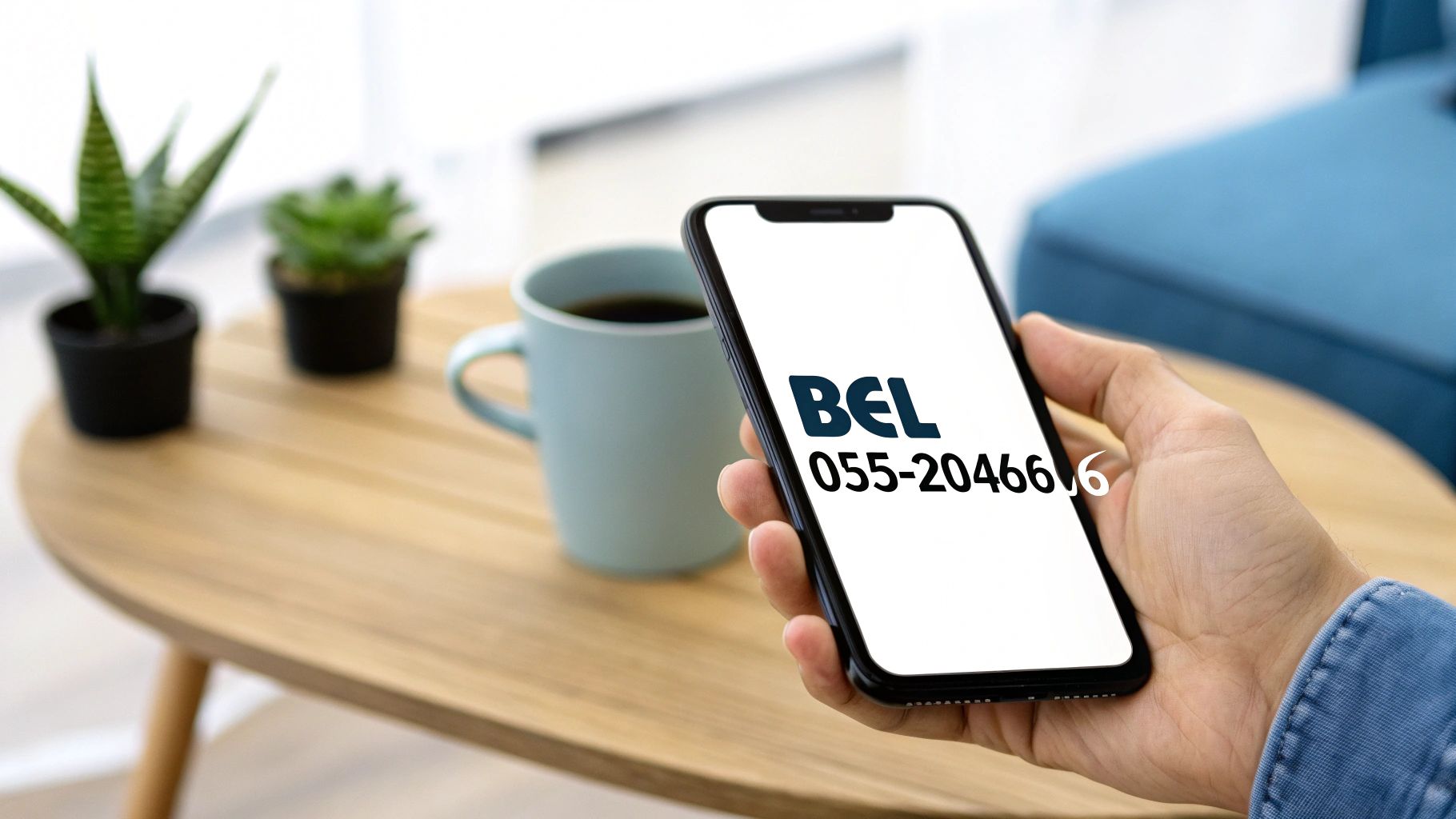 Een hand houdt een smartphone vast met daarop 'BEL 055-204666', naast een koffiekop en planten op een houten tafel.