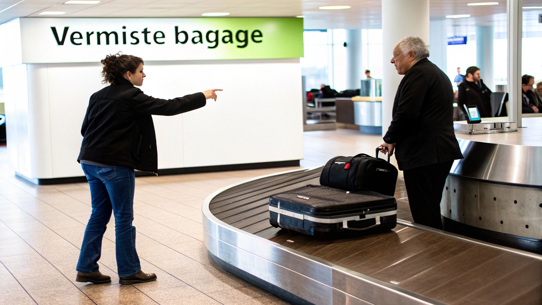 Een vrouw wijst naar een bord 'Vermiste bagage' bij een bagageband op een vliegveld.