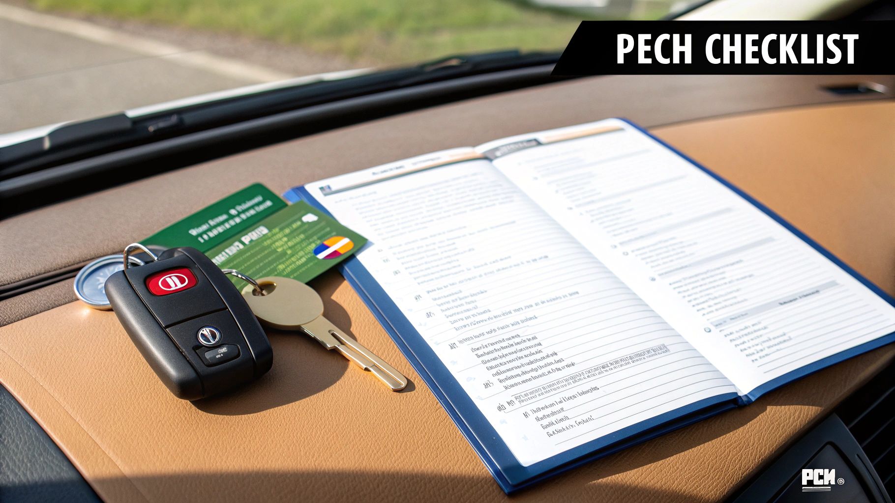 Een persoon die een checklist afvinkt op een klembord met een auto op de achtergrond.