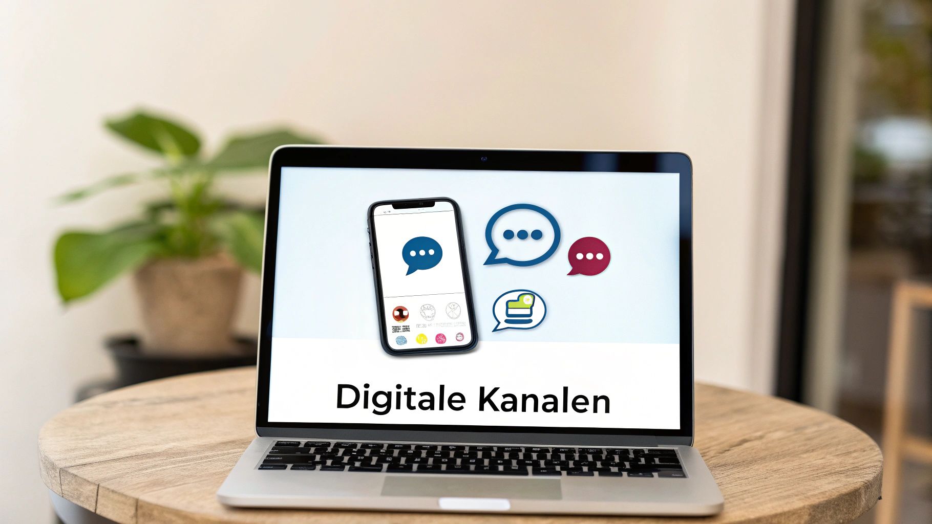 Een laptop op een houten tafel toont 'Digitale Kanalen' met diverse chatbubbel-pictogrammen, symbool voor online communicatie.