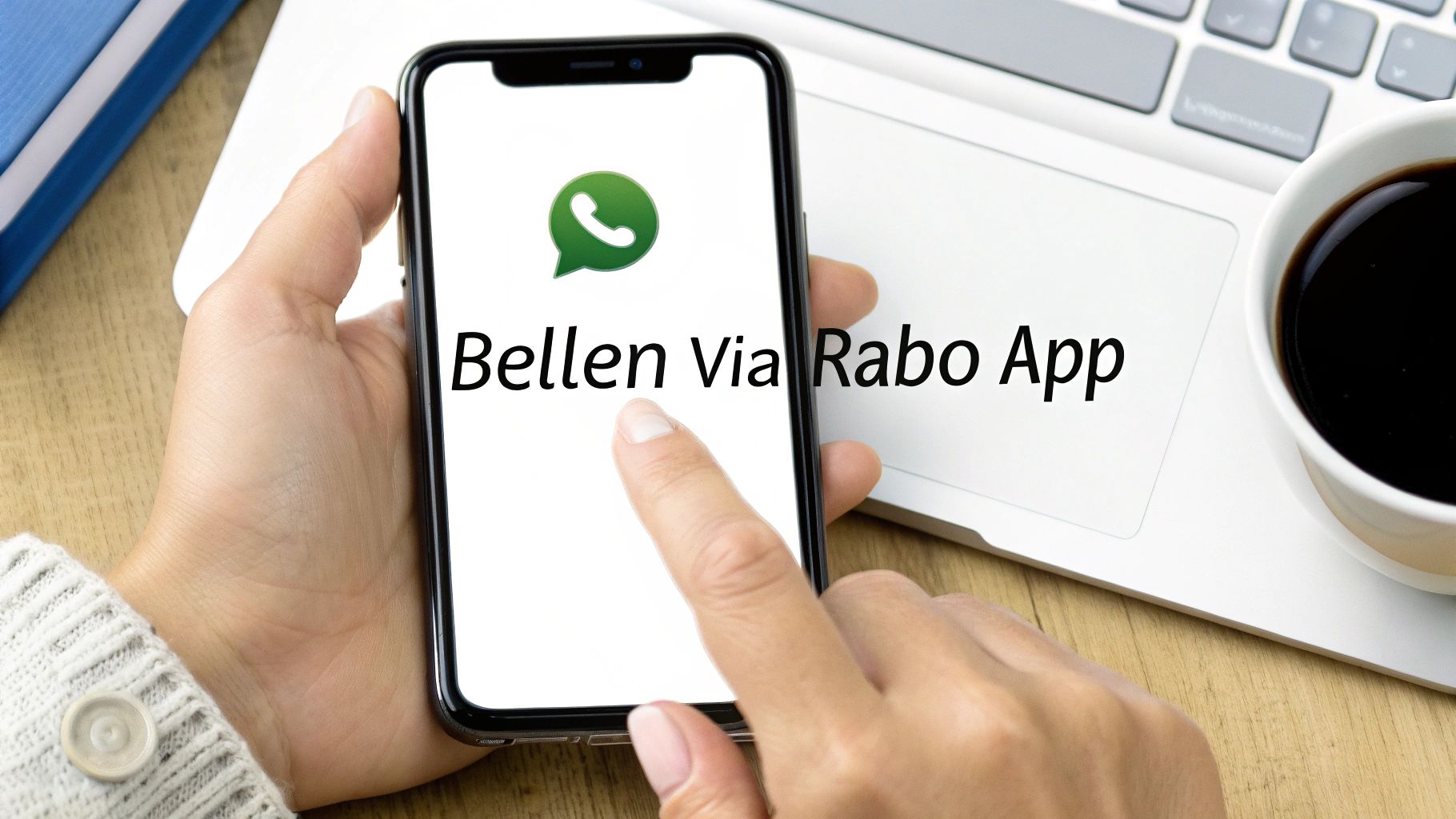 Een persoon houdt een smartphone vast die het WhatsApp-logo en de tekst 'Bellen Via Rabo App' toont.