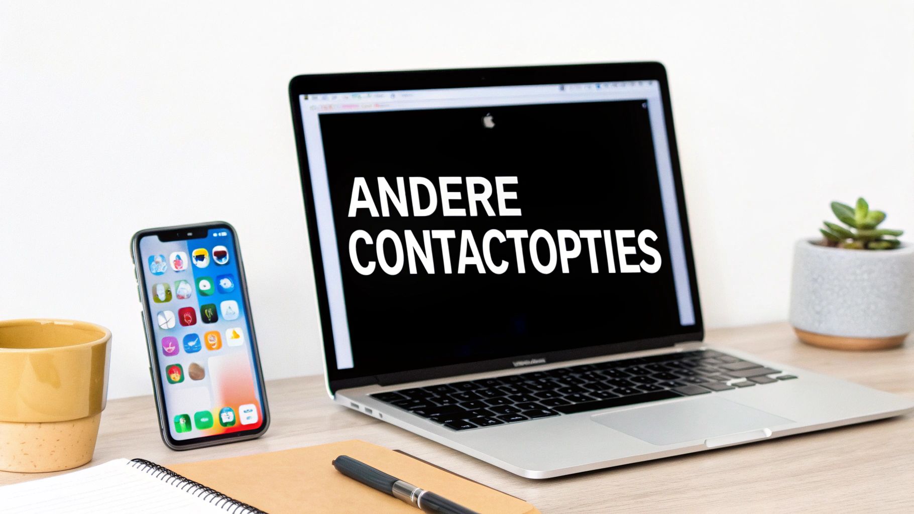 Laptop met 'ANDERE CONTACTOPTIES' op scherm, smartphone, notitieboekje en plant op een houten bureau.