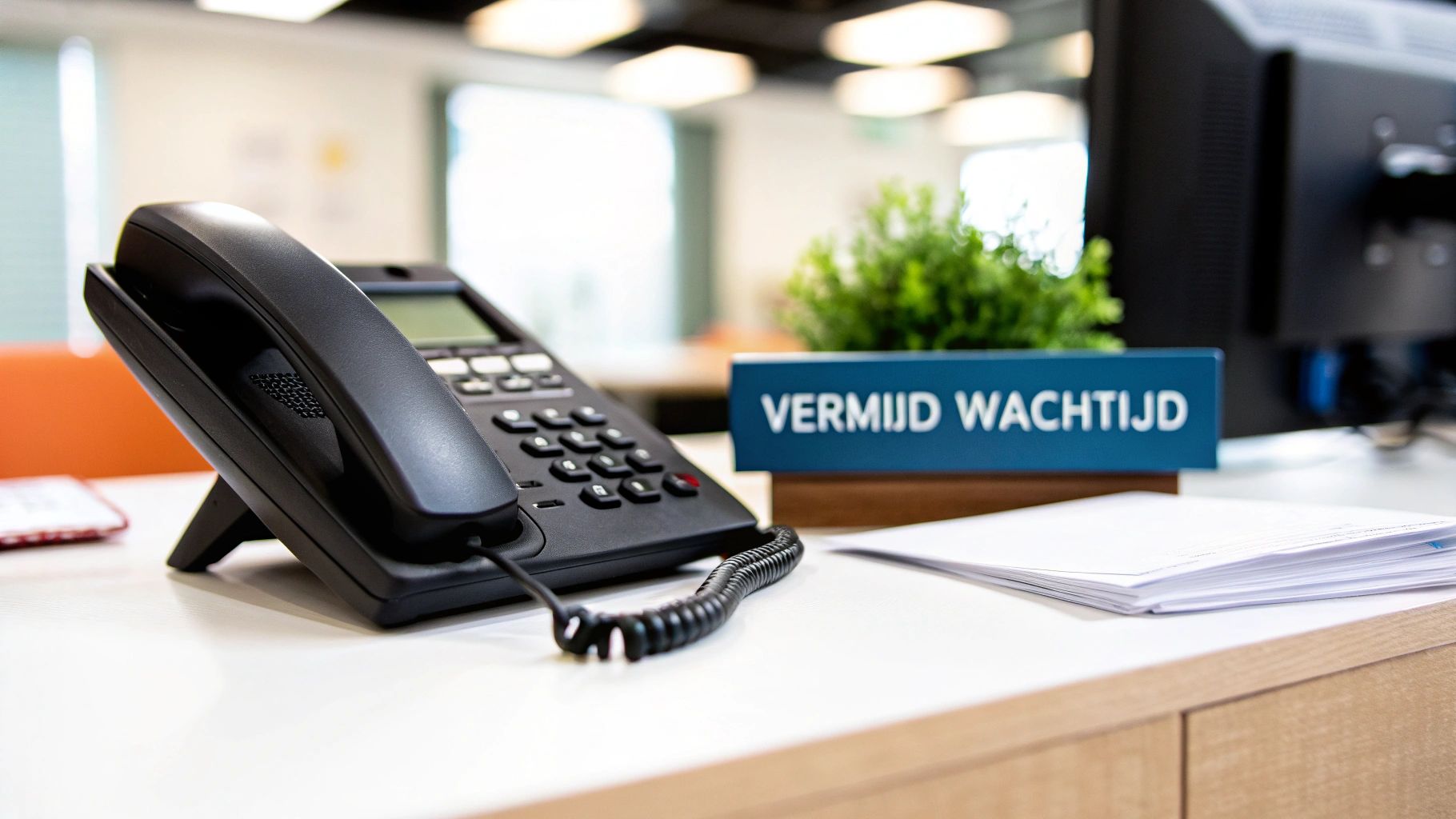Een gefrustreerde persoon die naar een telefoon kijkt terwijl hij in de wacht staat.
