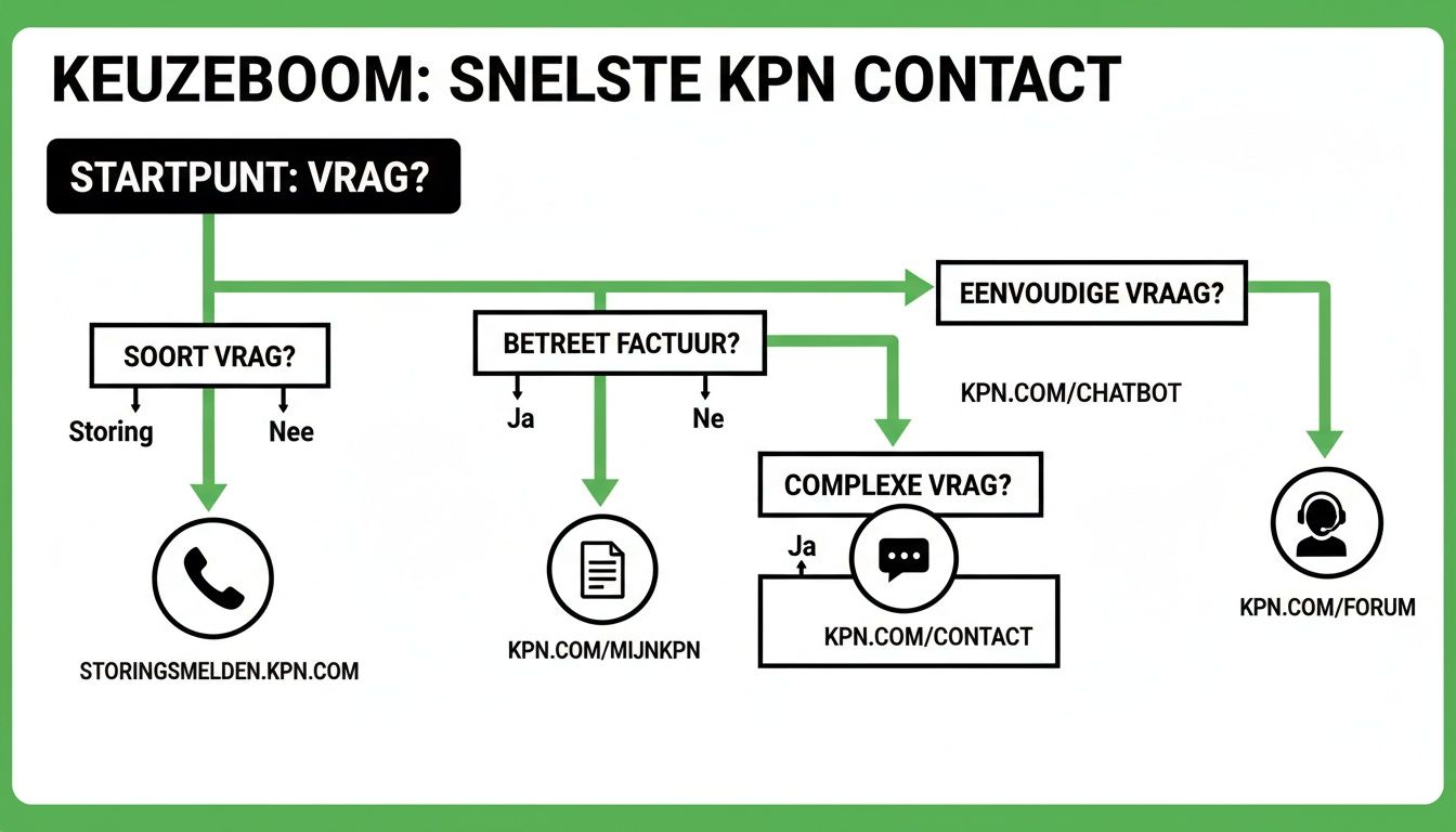 Diagram van een beslisboom voor het snelste KPN contact, ingedeeld op type vraag zoals storingen, facturen en complexe onderwerpen.