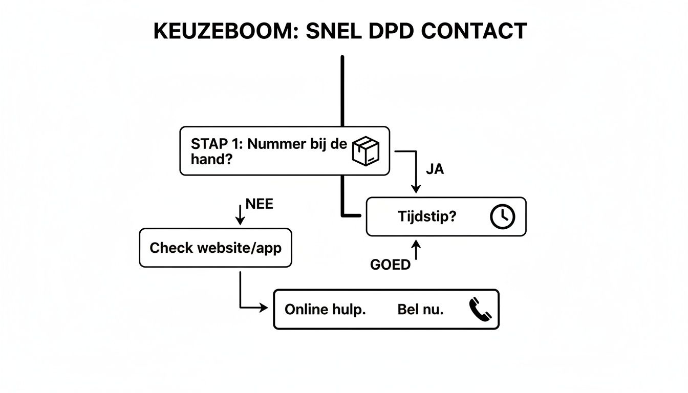 Een stroomschema van DPD om snel contact op te nemen, inclusief stappen voor nummer en tijdstip.