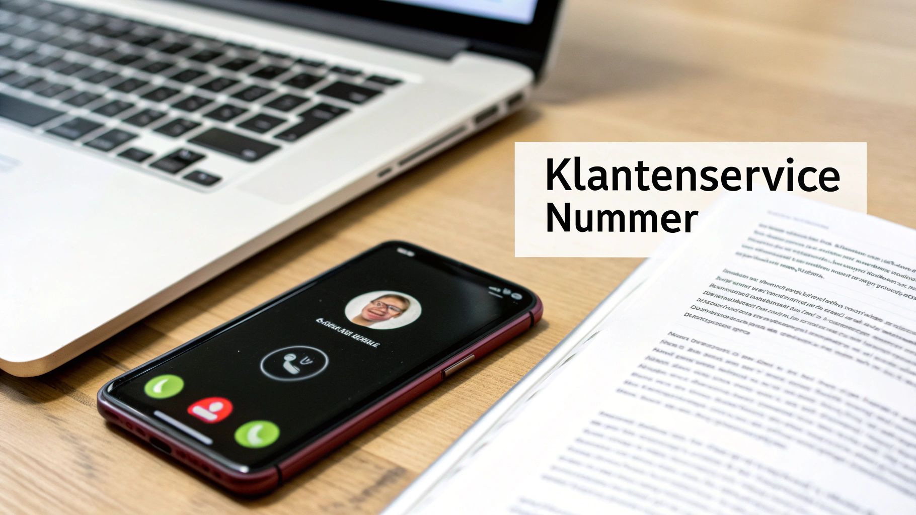 Een smartphone toont een inkomende oproep van klantenservice naast een laptop en documenten op een houten bureau.