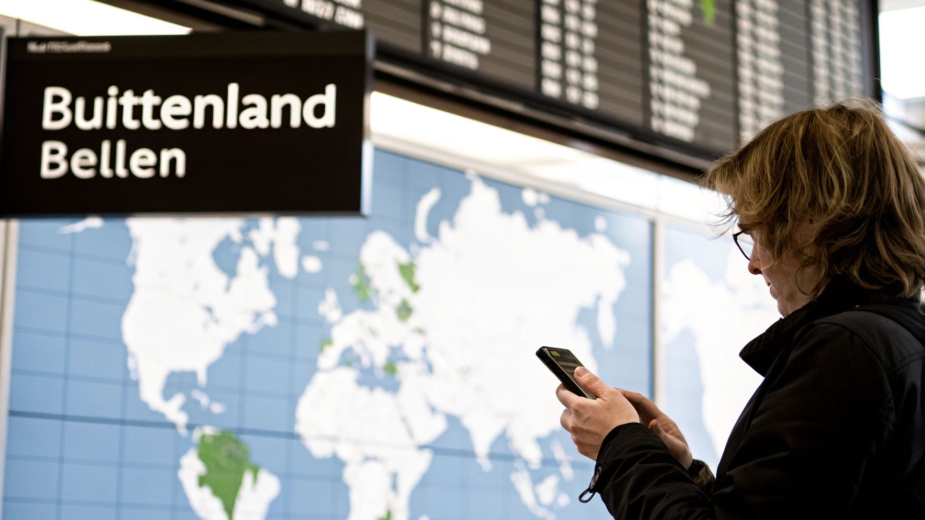 Een persoon kijkt op een smartphone met een wereldkaart en een bord 'Buitenland Bellen' op de achtergrond.