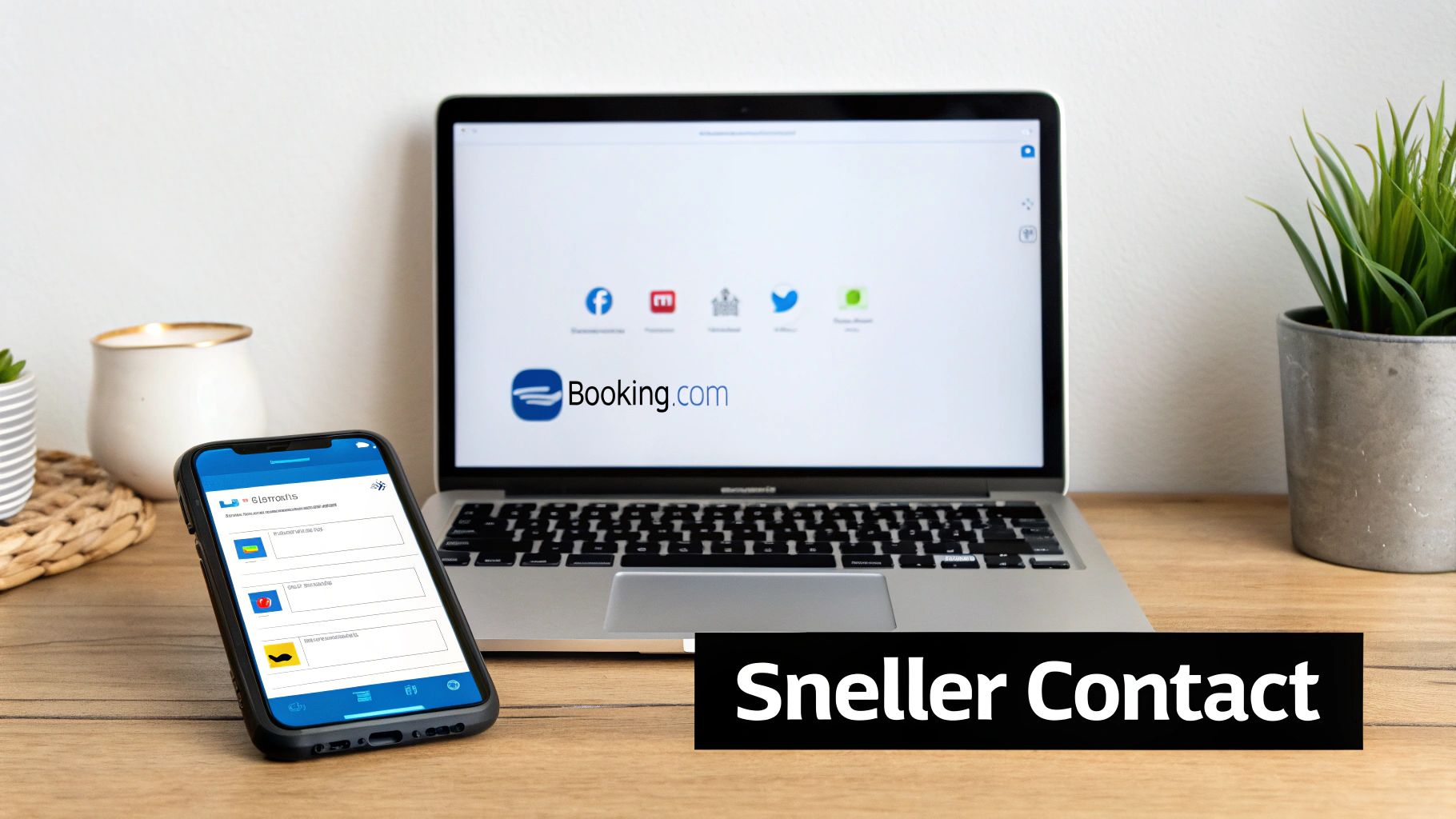 Een bureau met een laptop die Booking.com toont en een telefoon met een contactformulier, ondertekend met 'Sneller Contact'.