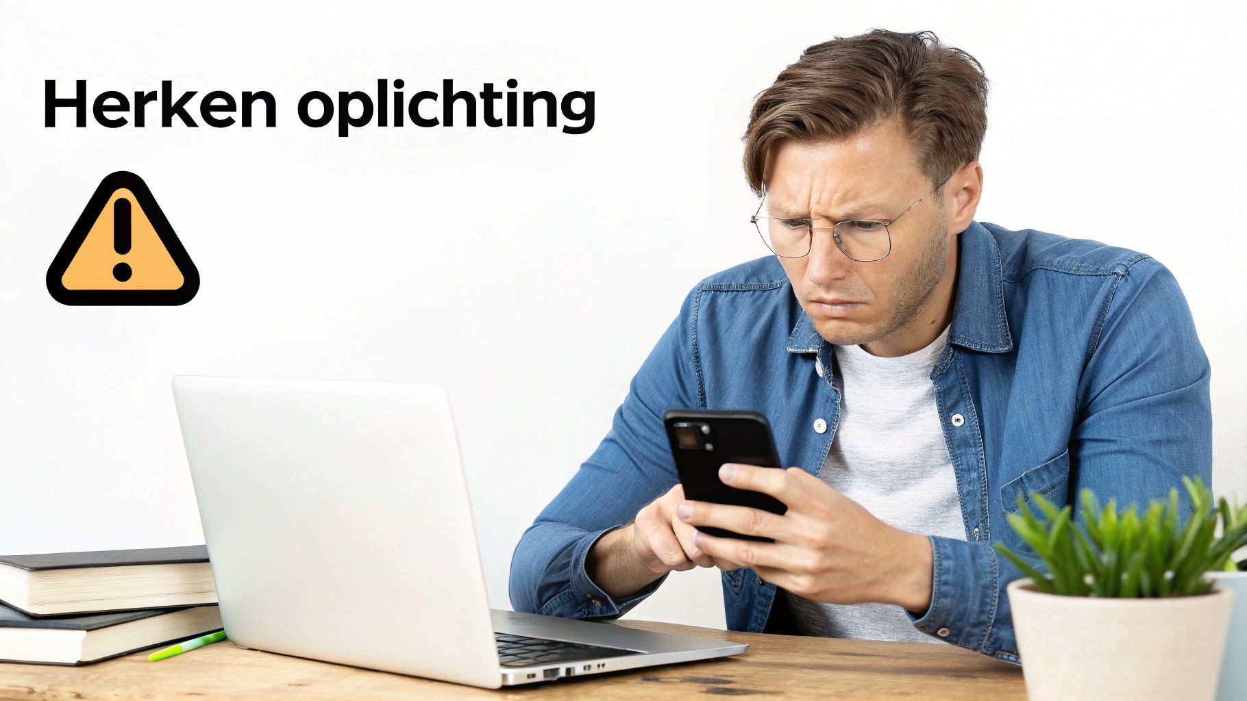 Man kijkt geconcentreerd naar zijn telefoon met een laptop en boeken op tafel. Tekst: 'Herken oplichting' en waarschuwingspictogram.