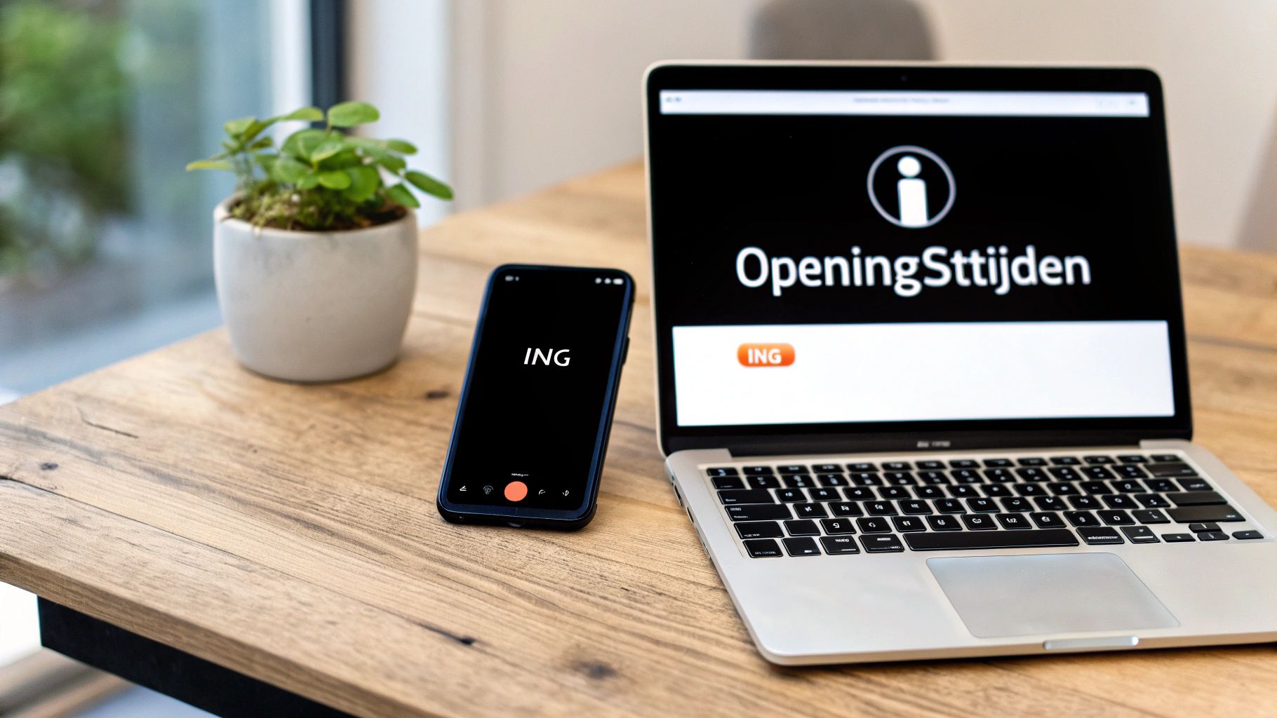 Een smartphone en laptop op een houten tafel, beide met ING en openingstijden informatie.